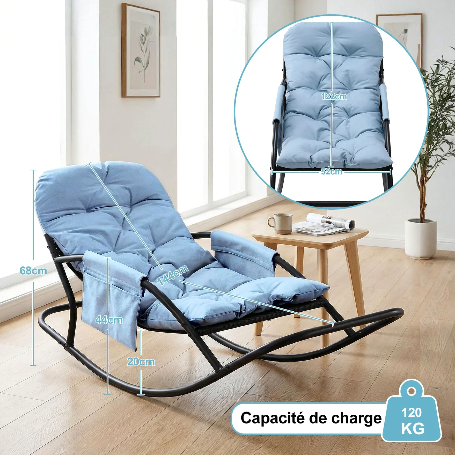 Fauteuil à Bascule Extérieur, Rocking Chair Papasan avec Coussin et Cadre, Cadre en métal Soutien des Pas, pour Chambre, Salon, Terrasse, Jardin,capacité de Charge 120 kg,Tissu Technique
