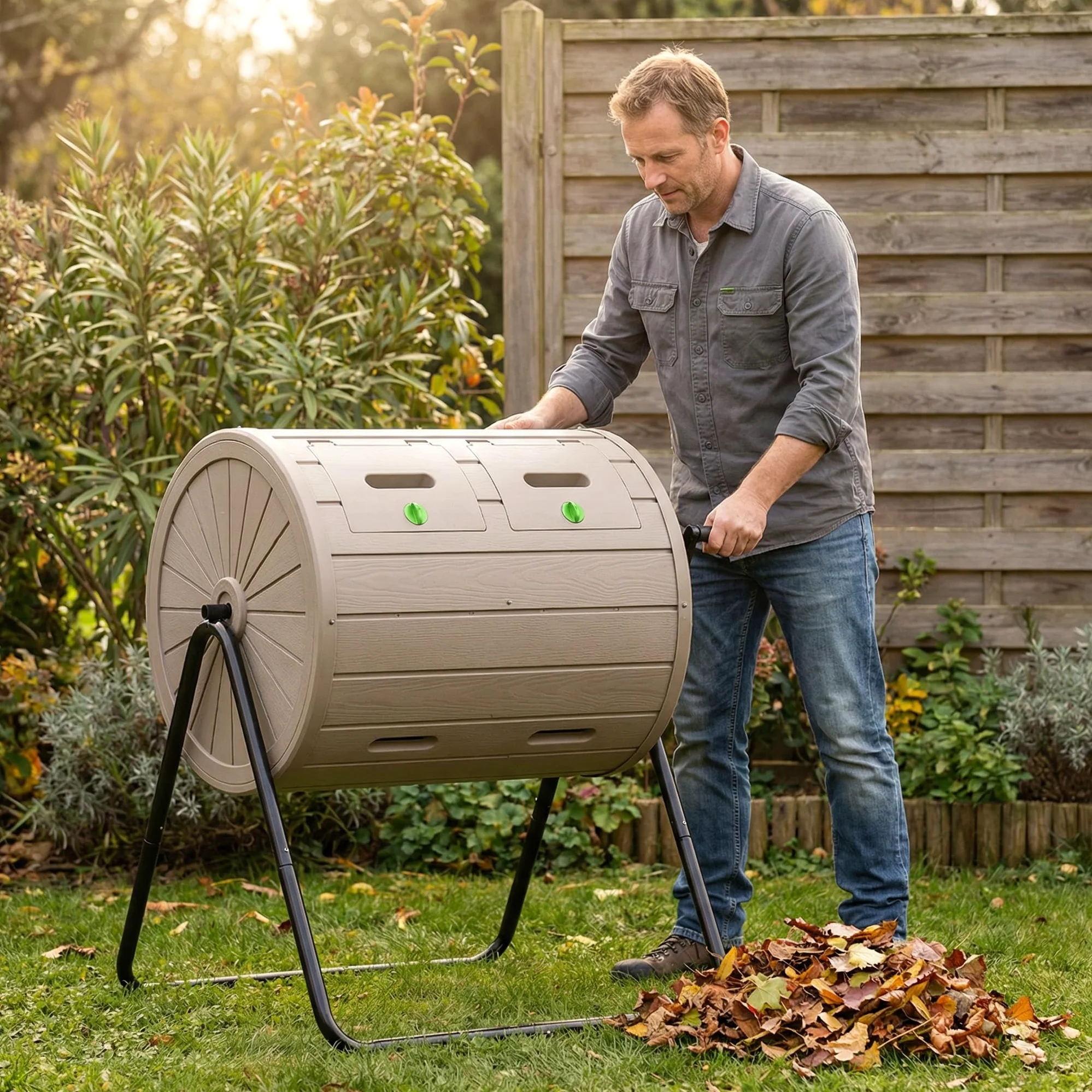 GOPLUS Composteur de Jardin Rotatif à 360° Exterieur, Bac à Compost en PP à Double Chambre 142L, 2 Portes Verrouillables et Support Métallique, 2 Pales Mélangeuses pour Compostage Rapide, Terrasse