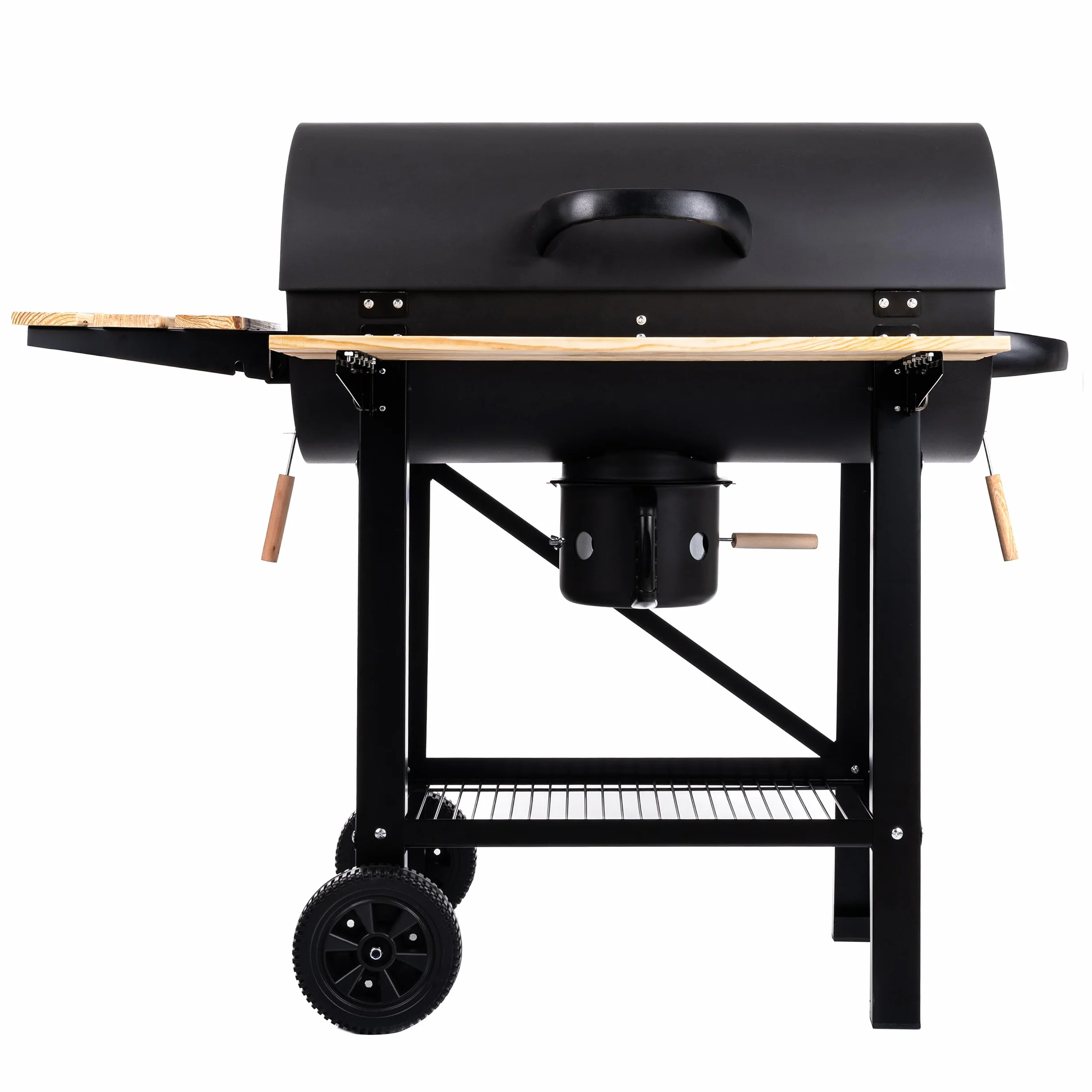 LEHMANN Barbecue Charbon de Bois XL avec Grille de Cuisson, Étagères en Bois, Couvercle, Roulettes
