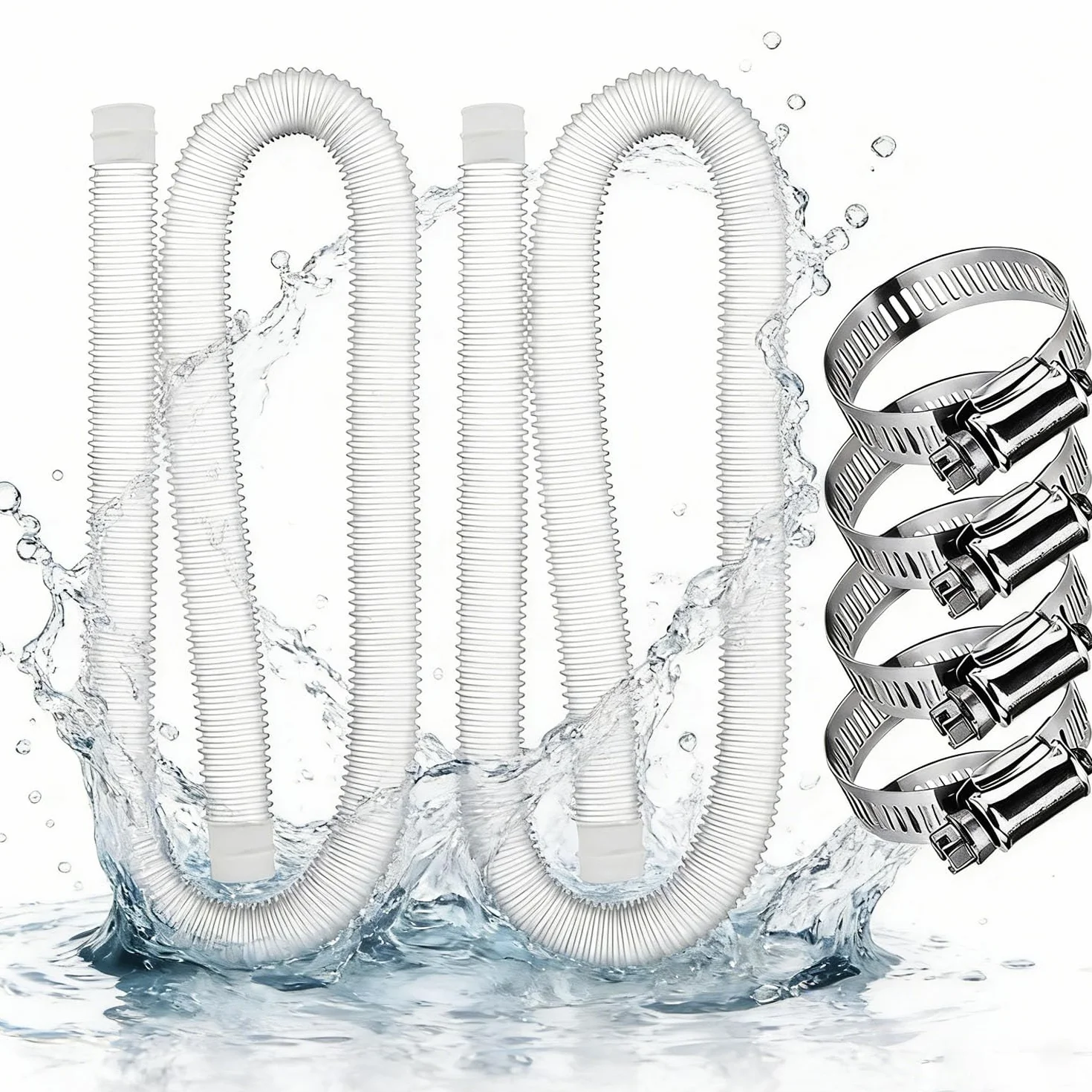 2 Pièces Tuyau Piscine 32mm,149,9cm Tuyau Piscine avec 4 Pinces Métalliques,pour Pompe à Filtre Eau Arrosage Bassin Piscine Hors Sol,pour Intex 530 GPH et 1000 GPH(Blanc)