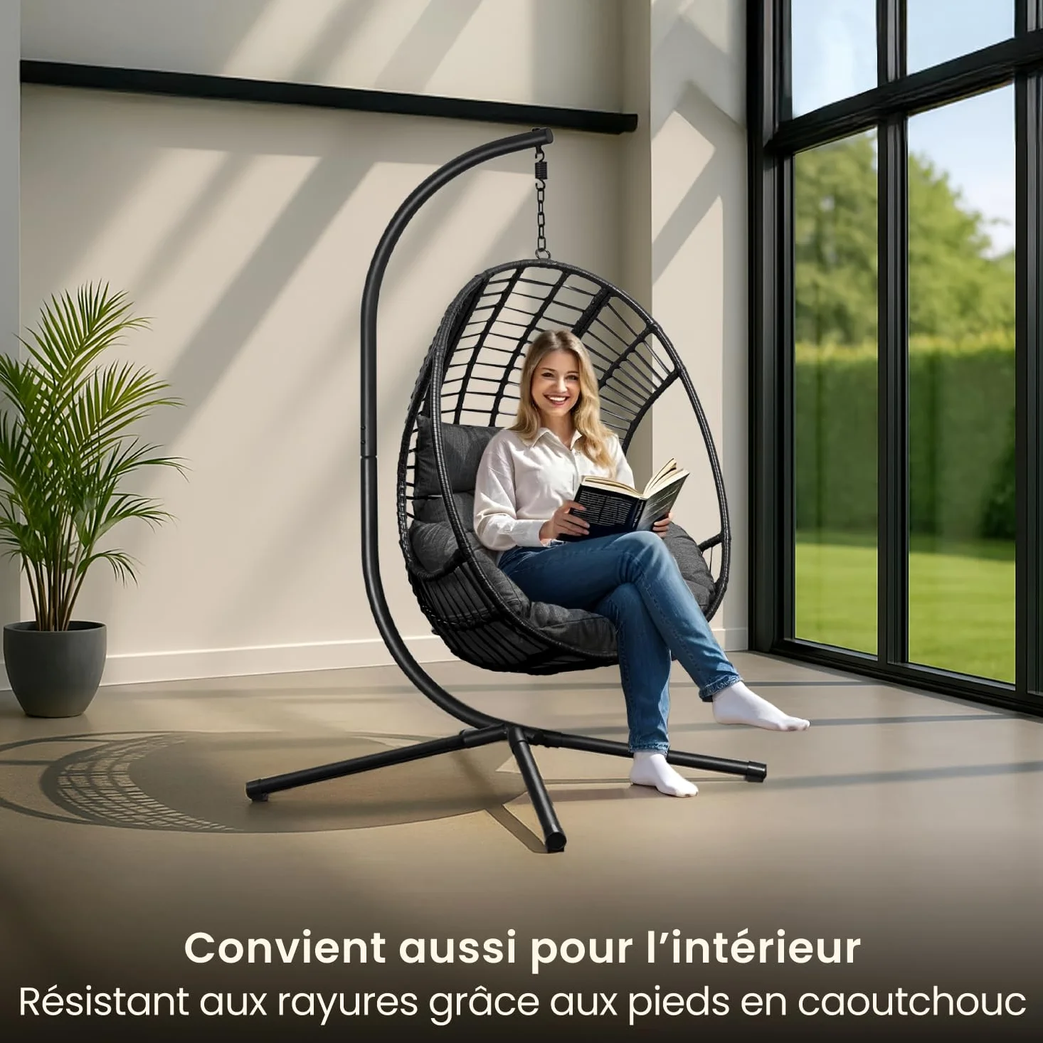 Swoods Fauteuil Suspendu Egg XXL - Chaise Suspendue avec Support - pour Intérieur et Extérieur - INCL. Oreillers - Chaise Egg - Cocoon - Chaise Oeuf - Jusqu'à 150kg (Gris foncé)