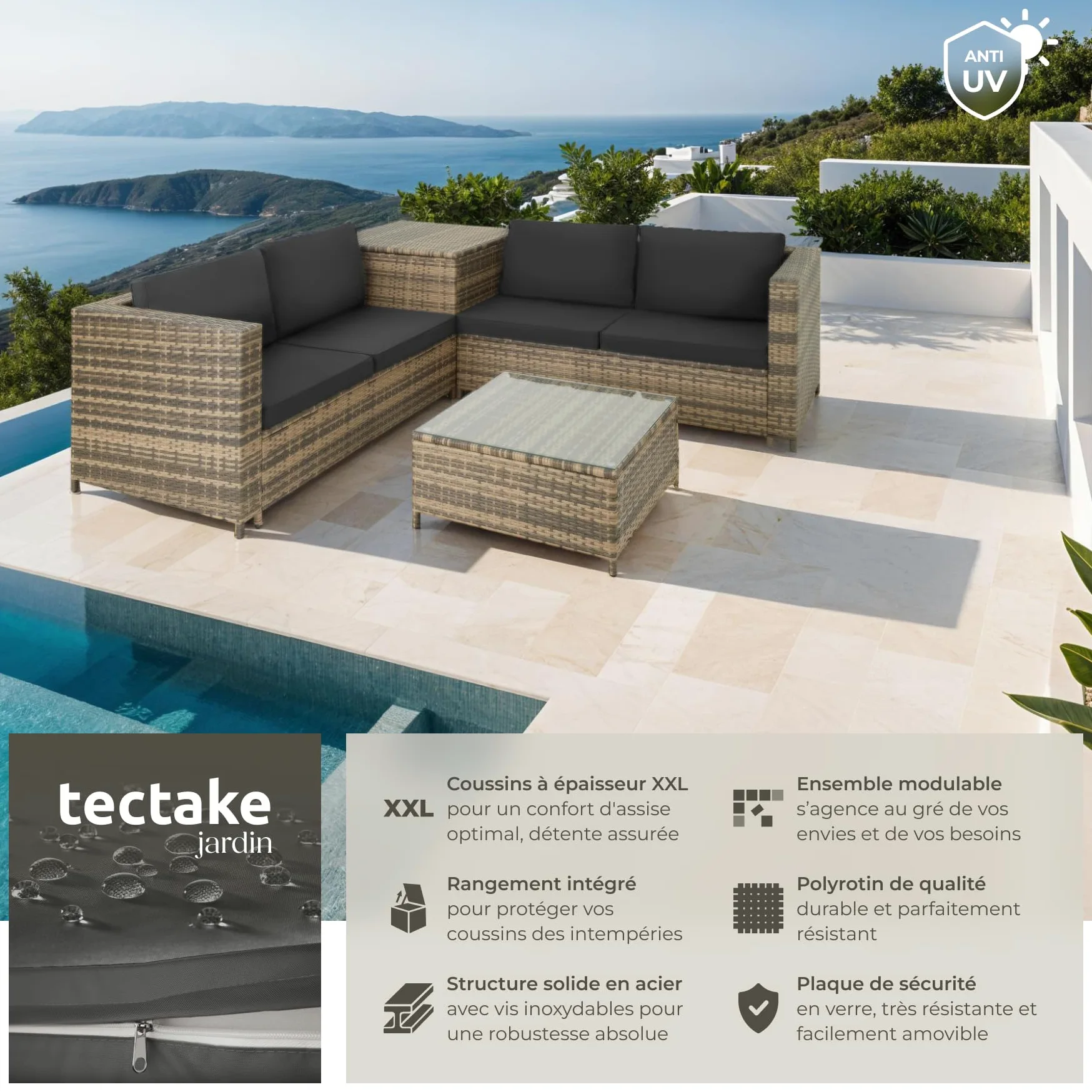 tectake® Ensemble Salon de Jardin Exterieur en Poly Rotin 4 Personnes, 2 Canapés modulables, Coffre de Rangement et Table de Jardin en Verre Inclus, Mobilier de Jardin pour Amenagement Balcon