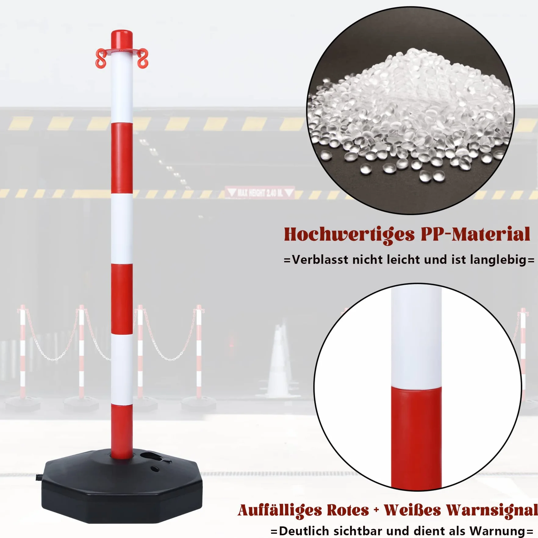 Lot de 2 poteaux de chaîne en plastique 82 x 28 x 28 cm avec chaînes 1,4 m rouge+blanc