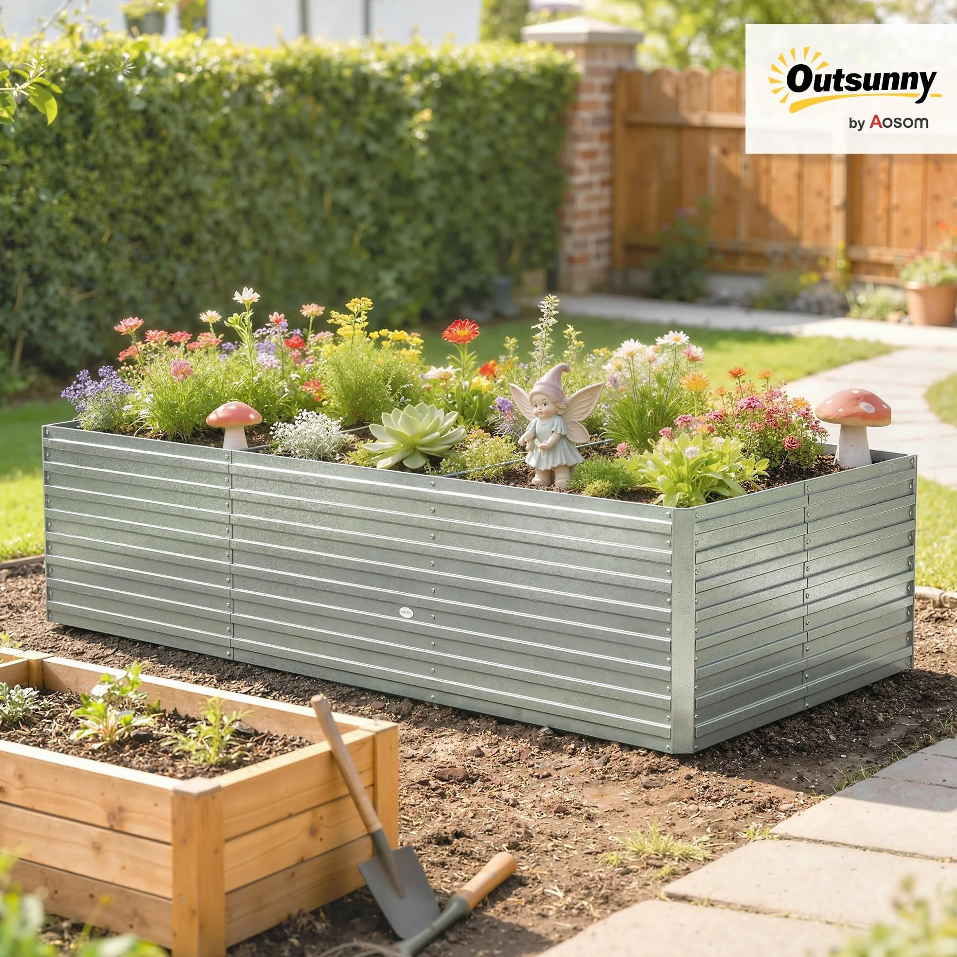 Outsunny Jardinière extérieure, jardinière surélevée galvanisée, carré Potager de Jardin rectangulaire avec Bordure de sécurité et Fond Ouvert, pour Fleurs et légumes, 240 x 120 x 60 cm, Gris argenté
