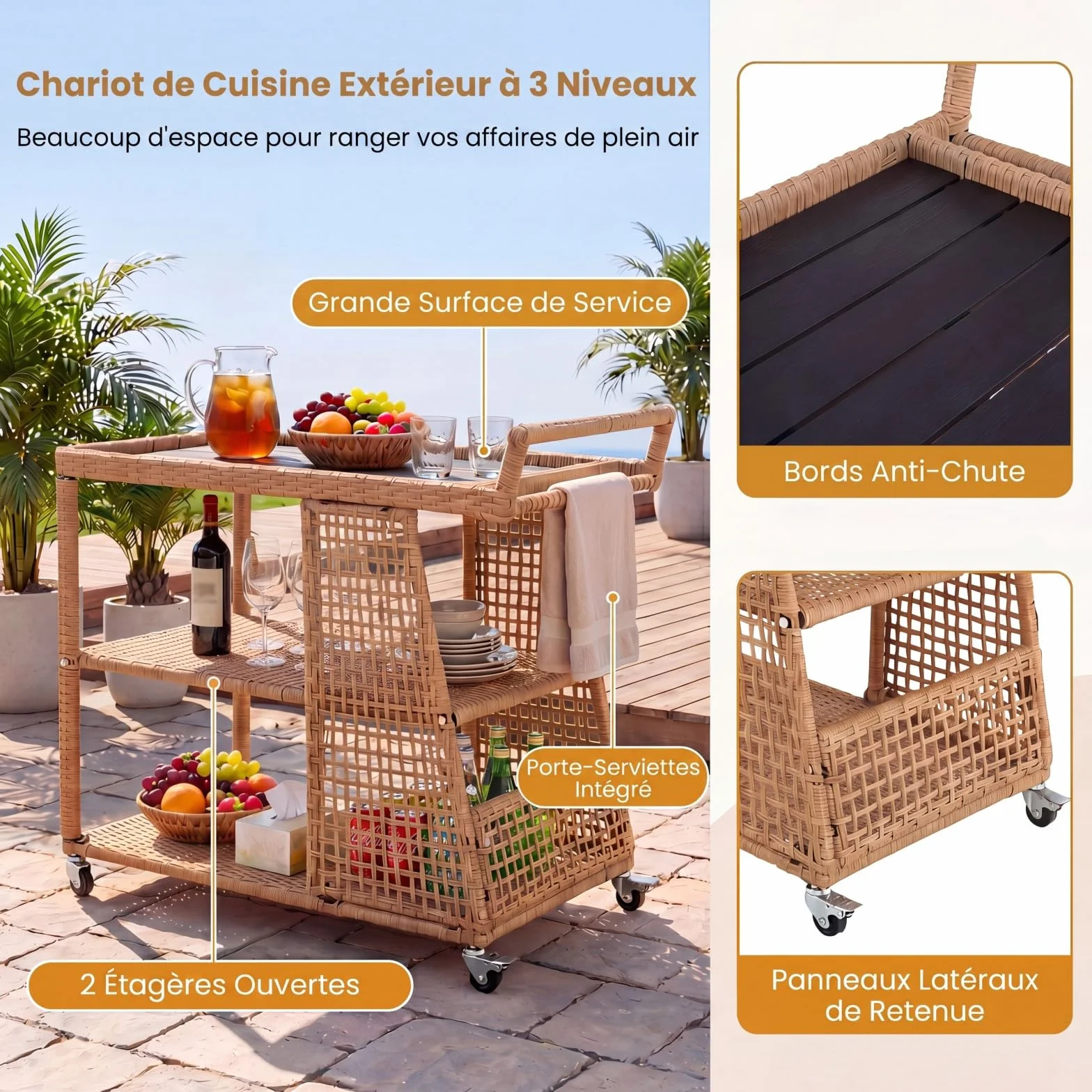 SOARS Chariot de Bar Extérieur en Rotin PE, 3 Niveaux, Desserte de Jardin