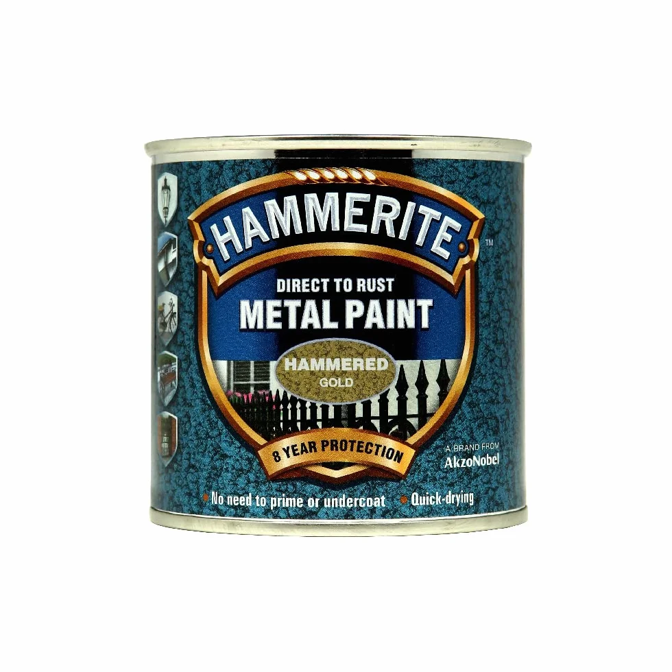 Hammerite Peinture directe à la Rouille extérieur Finition martelée Dorée Résistante Corrosion Protection 8 Ans 250 ML