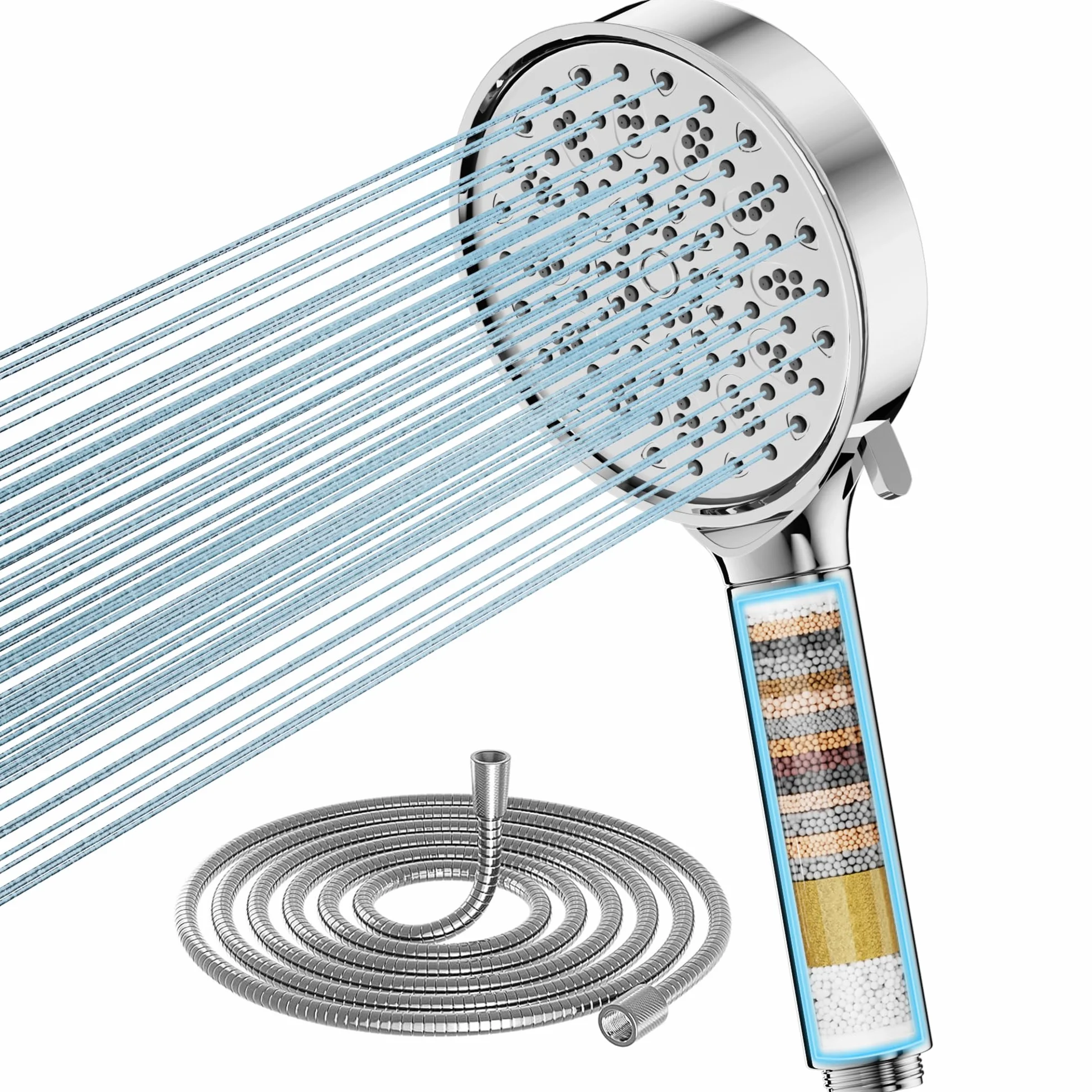 Cobbe Filtre Pommeau de Douche Anti Calcaire 20 Étapes Tuyau 1,5M 6 Types de Jets Haute Pression Chromé