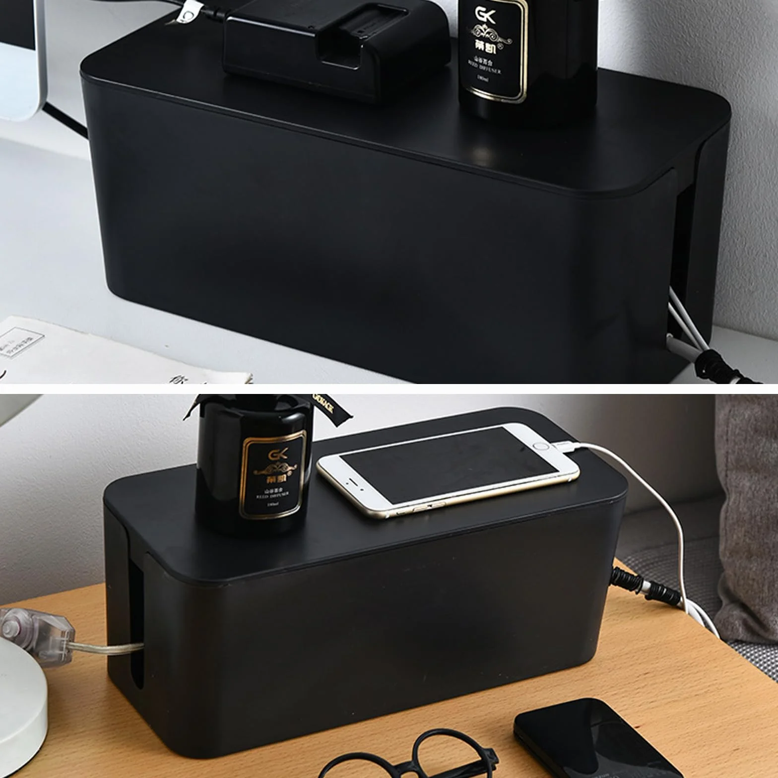 Boîte de Rangement pour Câbles, Gestion des Câbles, Cache Multiprise, Noir et Blanc, 10 Bandes de Rangement, 10 Clips (Grand)