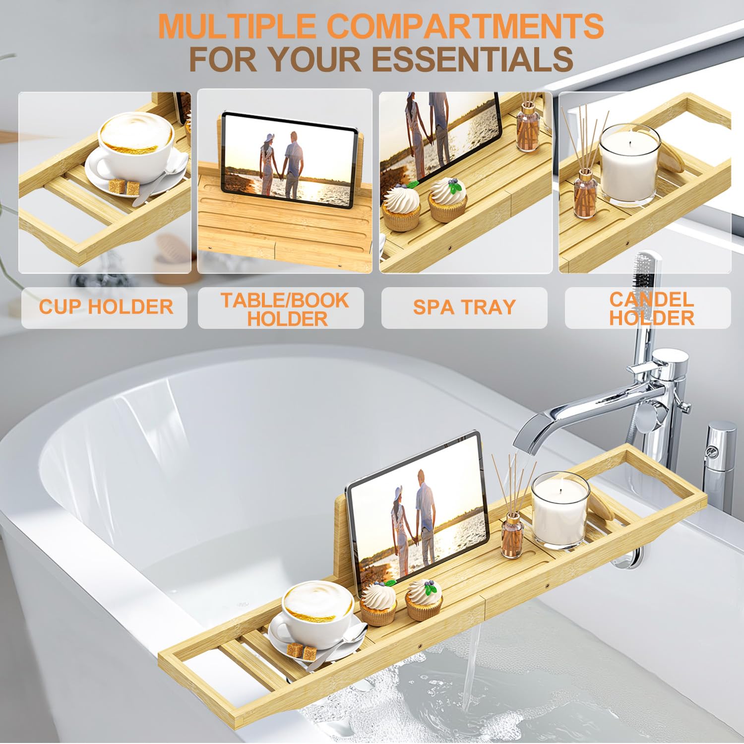 Premium Bamboo Bathtub Caddy Tray