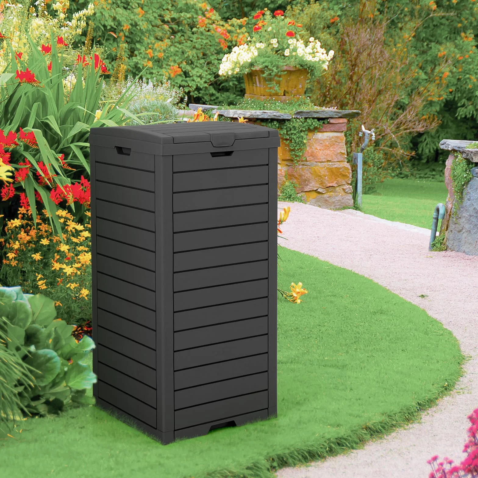 COSTWAY Poubelle Exterieur 118L en Résine, Poubelle de Jardin avec Couvercle et Plateau Extractible, Conteneur Poubelle Double Fermeture Étanche pour Porche, Arrière-Cour, Terrasse, Patio (Noir)