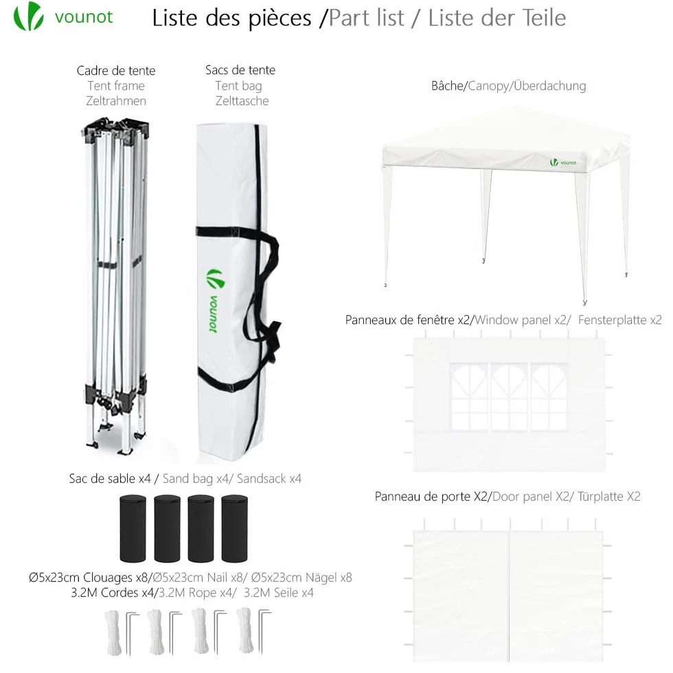 VOUNOT® Tonnelle de Jardin Tente 3x3m Pliable avec 4 Côtés et Sacs de Sable Blanc