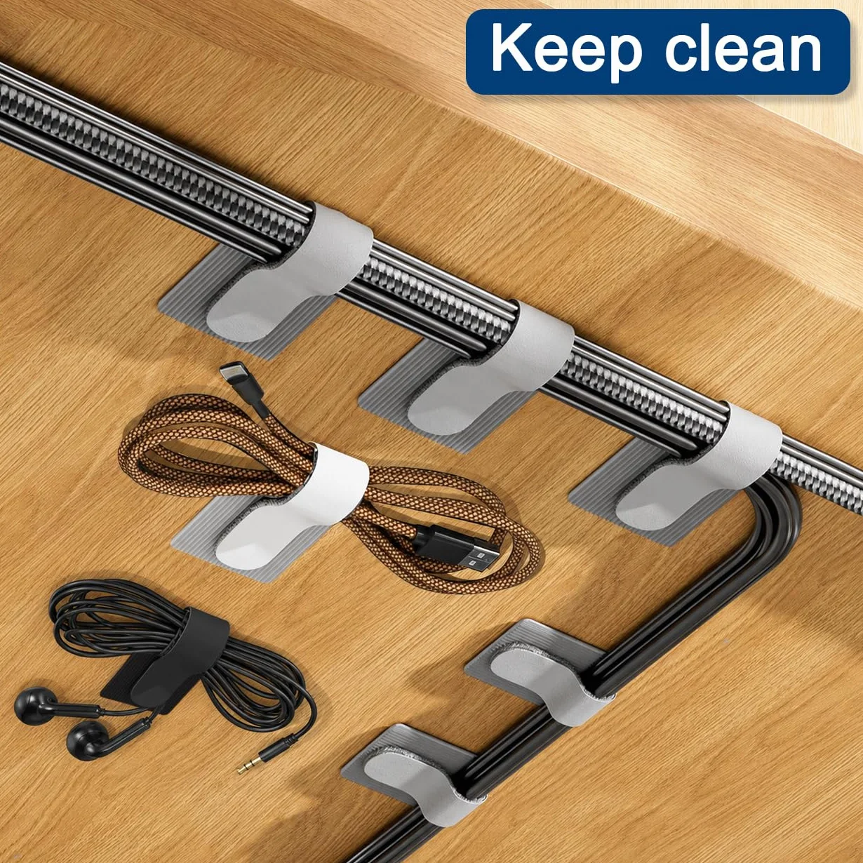 Clips Auto Adhésifs pour Rangement de Cables, Lot de 50, Organisateur de Cables Réutilisable Réglable sous Bureau, Gris