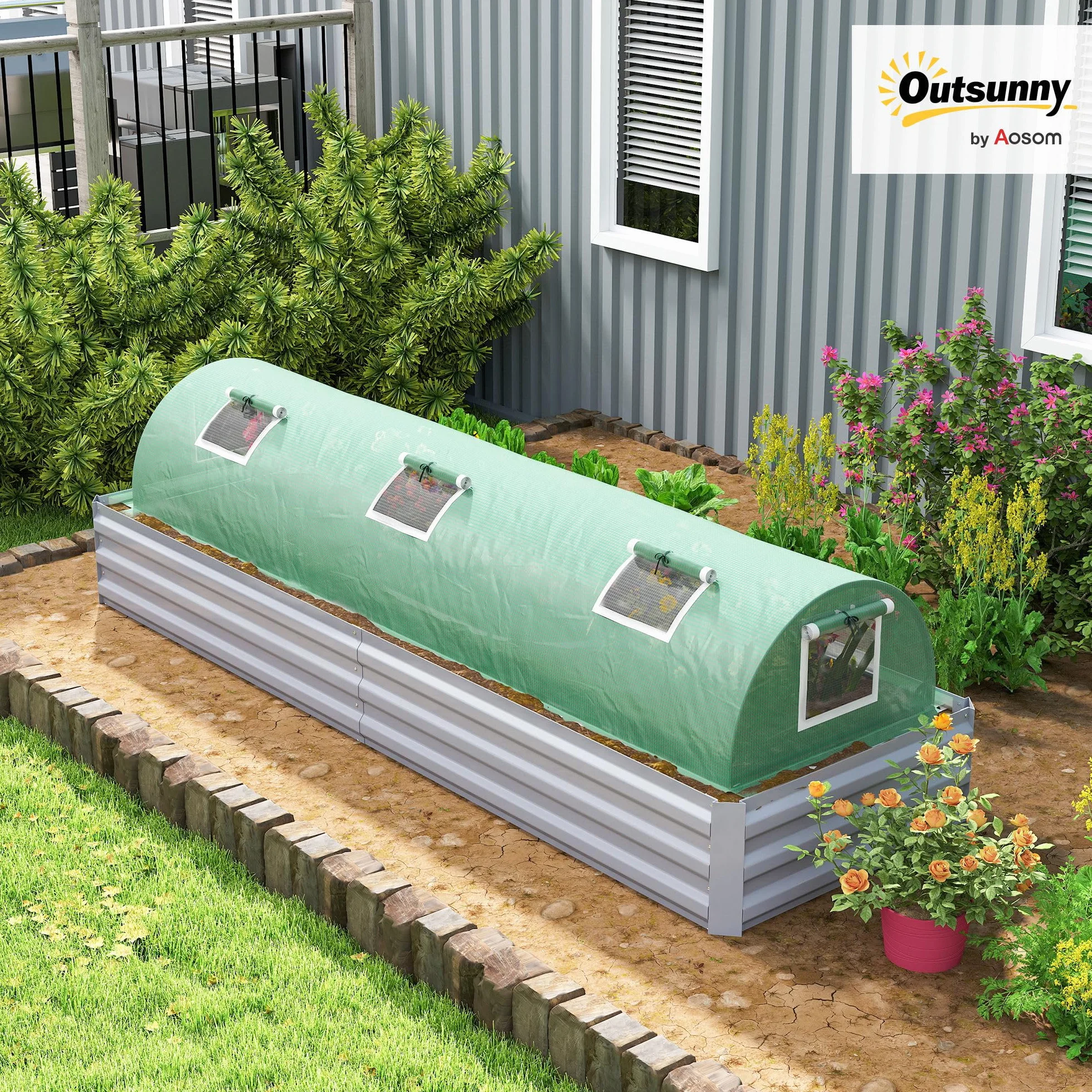 Outsunny Mini Serre de Jardin Mini Serre Tunnel à tomates 300 x 80 x 45 cm Acier PE Haute densité 140 g/m² Anti-UV 5 Portes en Filet enroulables Vert