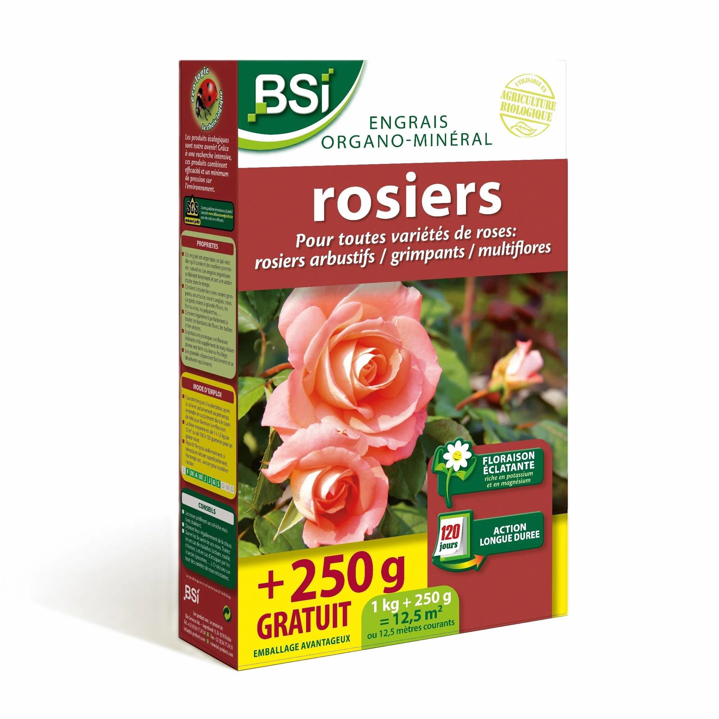 BSI - Engrais - Rosiers - Bio - Organo-Minéral - Pour Toutes Les Sortes De Rosiers - Floraison Éclatante - Action Longue Durée - 1Kg + 250g Gratuit - Jusqu'à 12,5 m² - UAB, Aucune