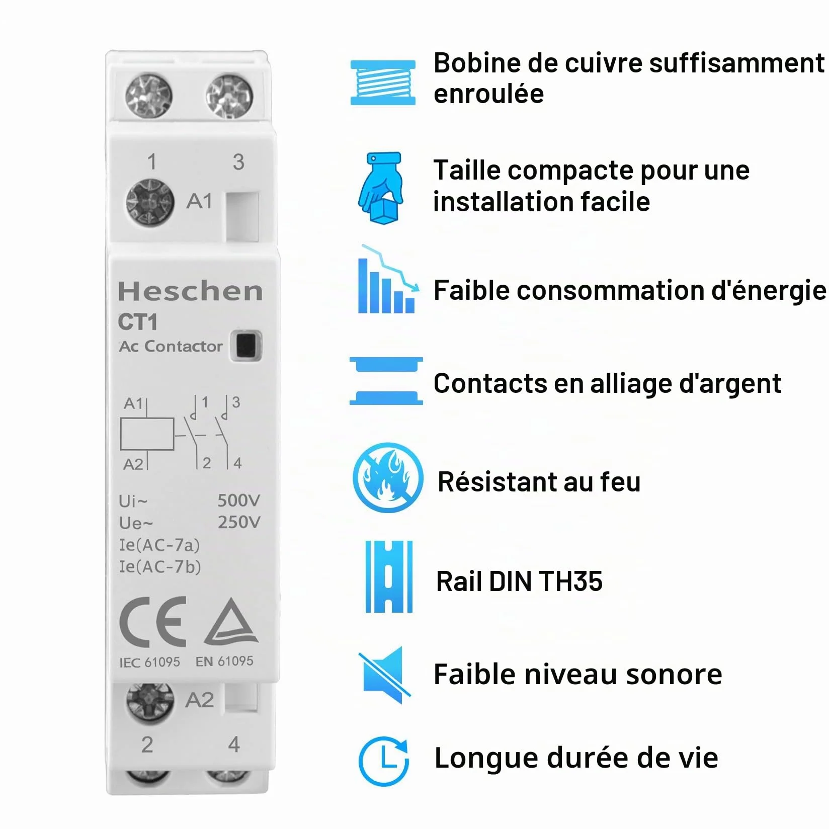 Heschen Contacteur alternatif CT1–25 2P AC 220V/230V 35 mm DIN rail