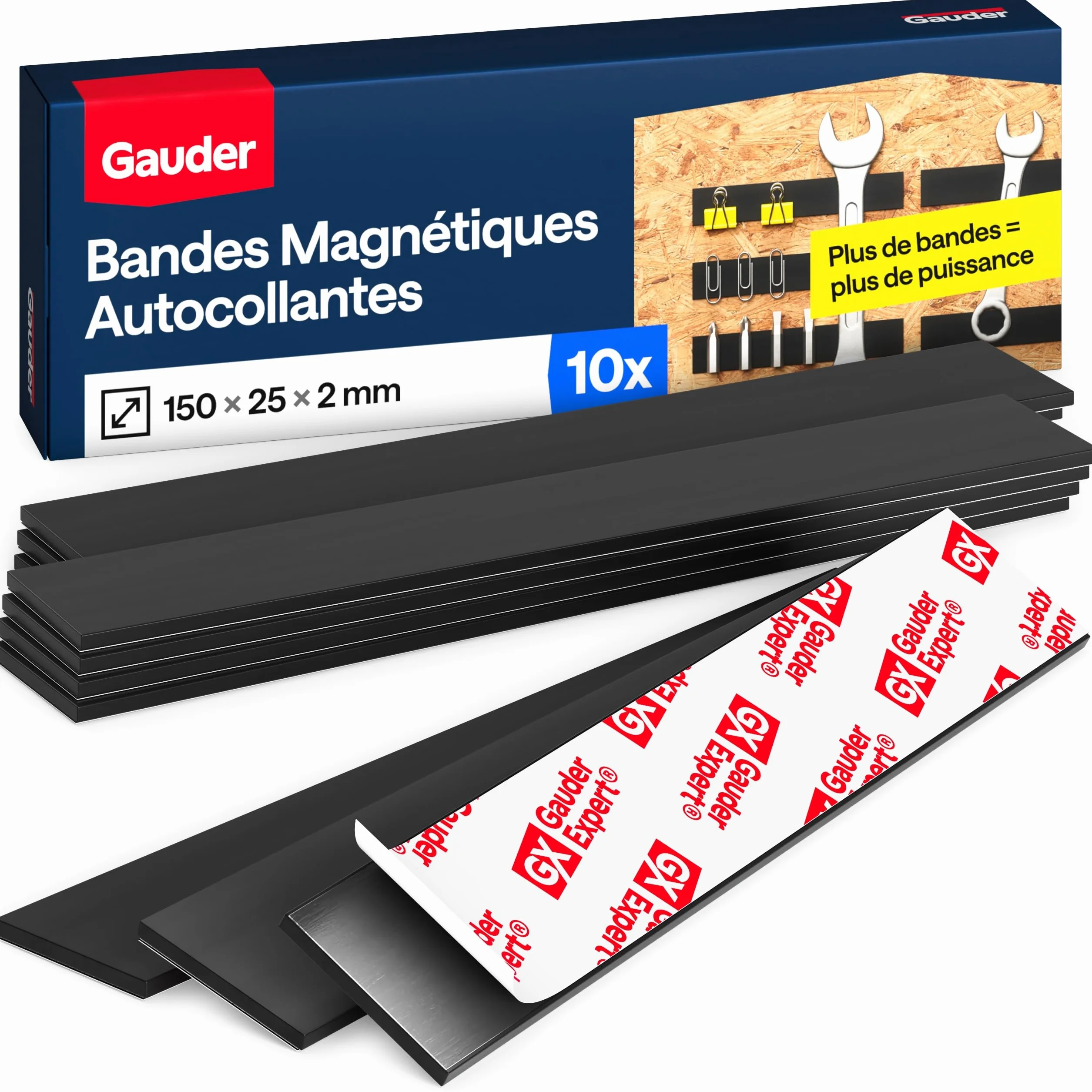 GAUDER Bandes Magnétiques Autocollantes 15 cm x 25 mm x 2 mm 10 Pièces