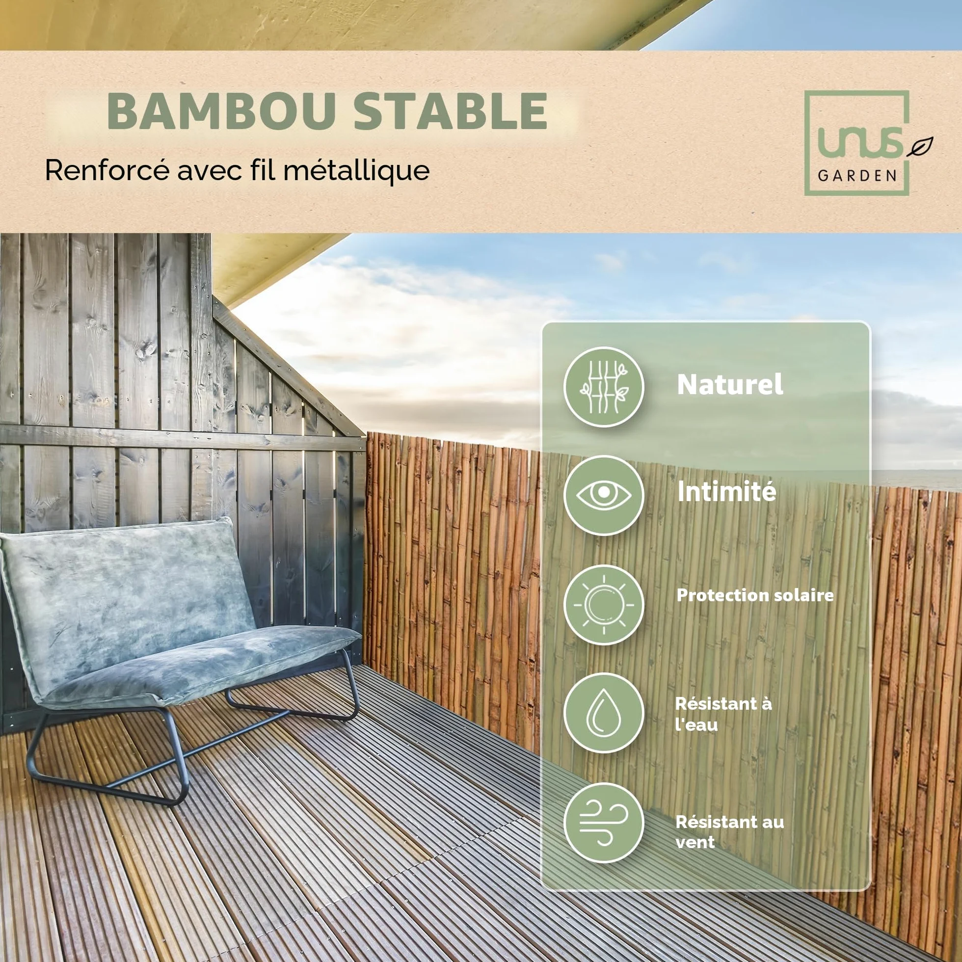 Brise-vue en bambou UNUS Différentes tailles disponibles Clôture pour terrasse, balcon et jardin Coupe-vent