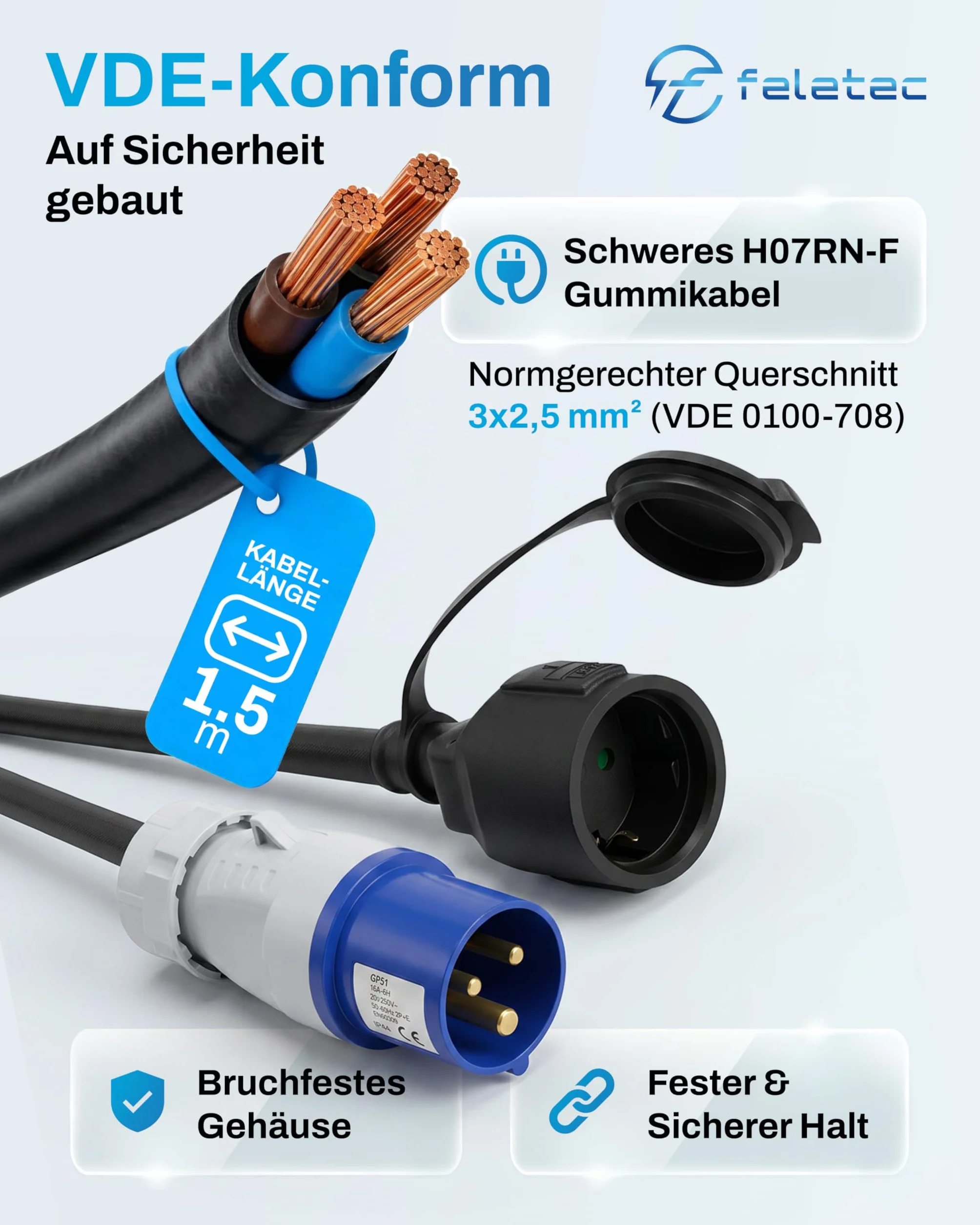 Adaptateur CEE mâle vers Prise Schuko Femelle 1,5m IP44 H07RN-F 3G2,5 230V 16A