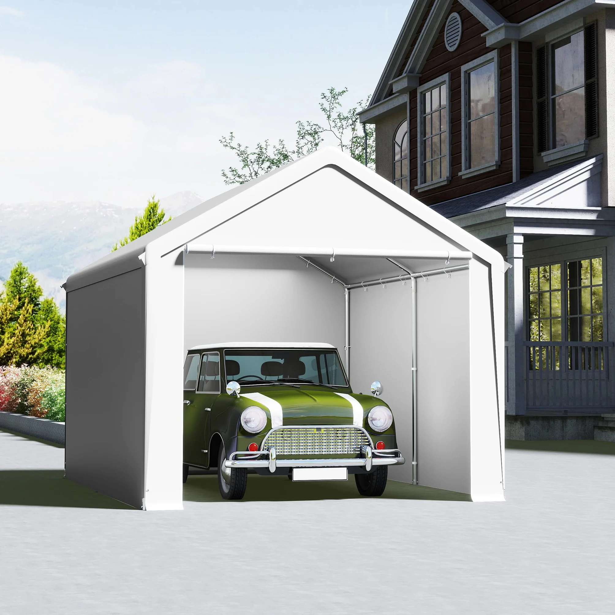 Carport Tente de garage 3 x 4 m, avec bâche en polyéthylène résistante aux intempéries, avec cadre en acier galvanisé, avec piquets et haubans, abri pour voiture, appareils et fournitures