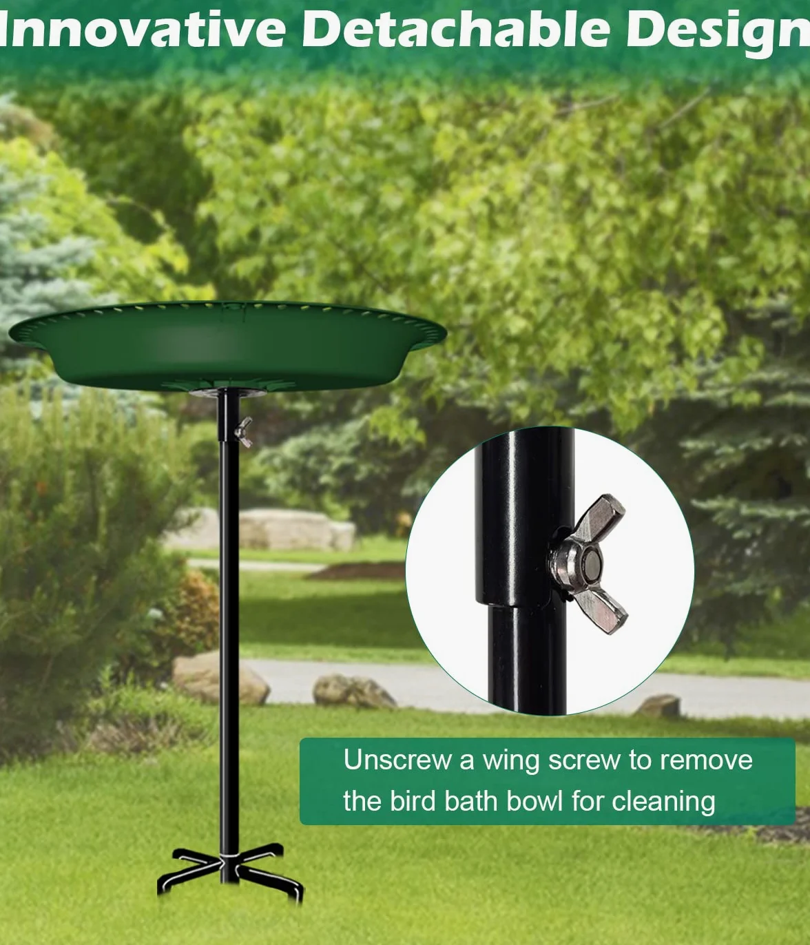 Bain d'oiseaux amovible de 73,6 cm de hauteur avec support en métal, bol ovale pour oiseaux et mangeoire à oiseaux avec base à 5 dents pour jardin extérieur, vert