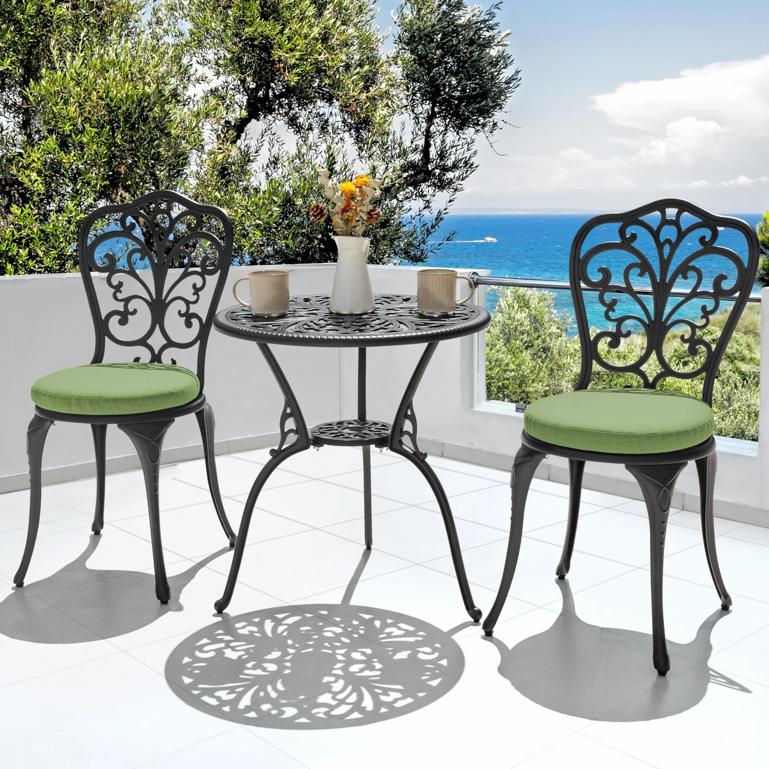 Avestar Ensemble de Jardin 3 Pièces avec Trou pour Parasol, Table et 2 Chaises Vert, Aluminium, Noir