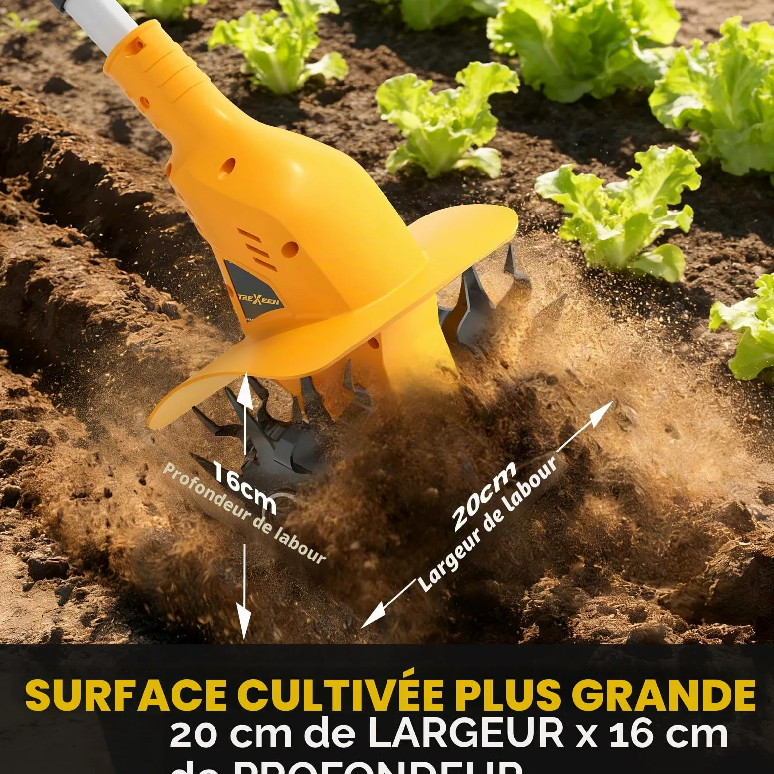 Motobineuse Électrique sans Fil, TREXEEN Bineuse Électrique sans Fil Puissant avec 2 x 3,0 Ah Batteries, 360 TR/Min, Largeur de Travail 20 cm, Profondeur 16 cm, pour Pelouse Jardin Travaux du Sol