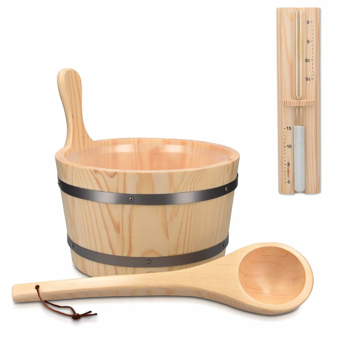 Navaris Kit d'accessoires de sauna - Seau 5L, louche en bois, sablier minuteur - Bois de pin