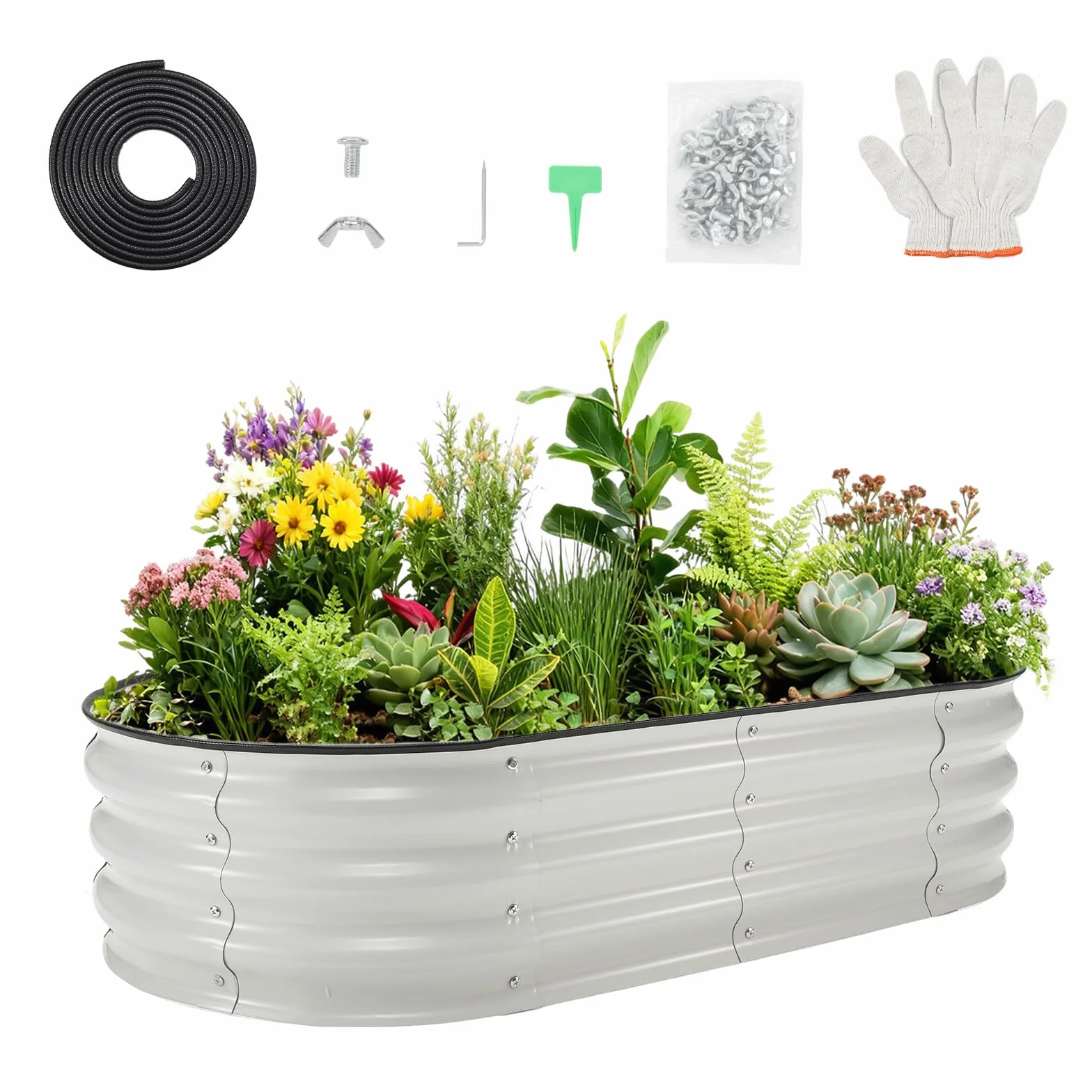 Jardinière surélevée Ovale Acier galvanisé 4x2x1 pi Base Ouverte Résistant à la Corrosion Blanc