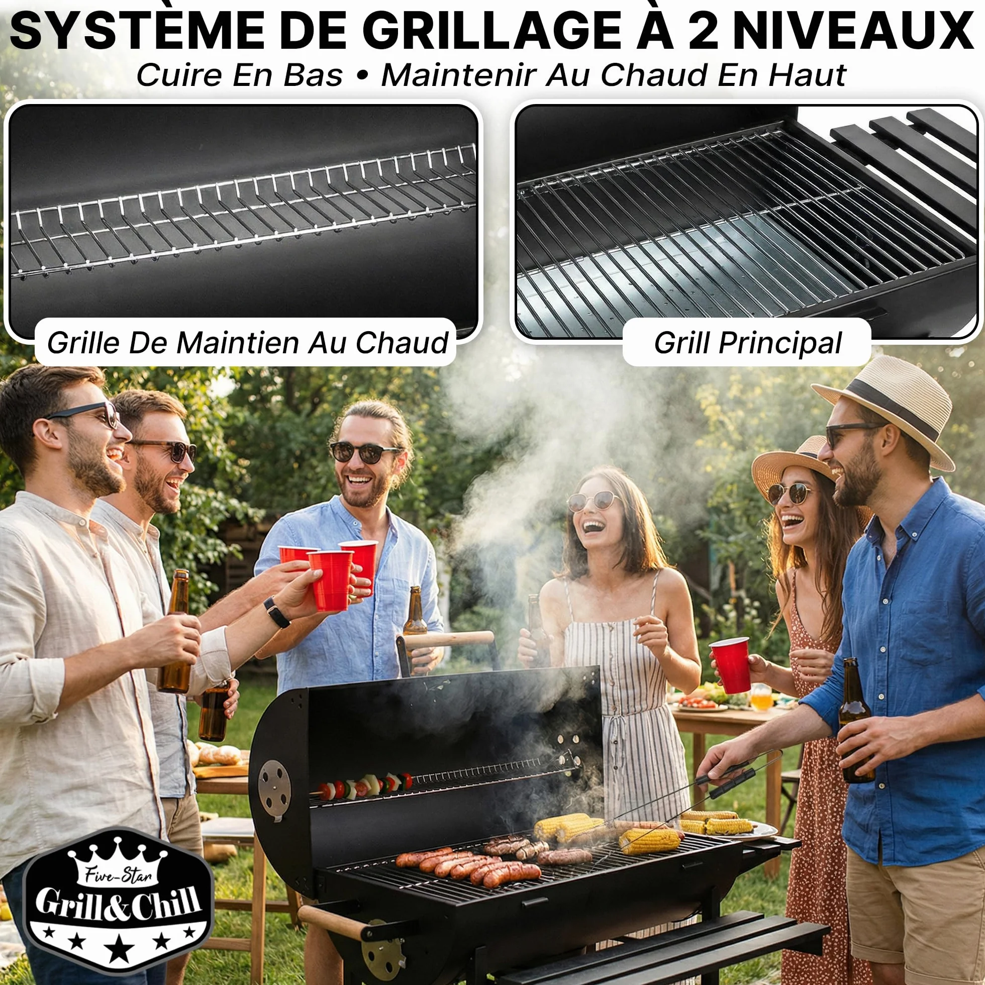 Five-Star Grill & Chill Barbecue charbon de bois - barbecue de jardin, barbecue charbon grande grille chromée 71×35 cm, couvercle, cendrier, thermomètre, deux roues de transport, BBQ, GC0002
