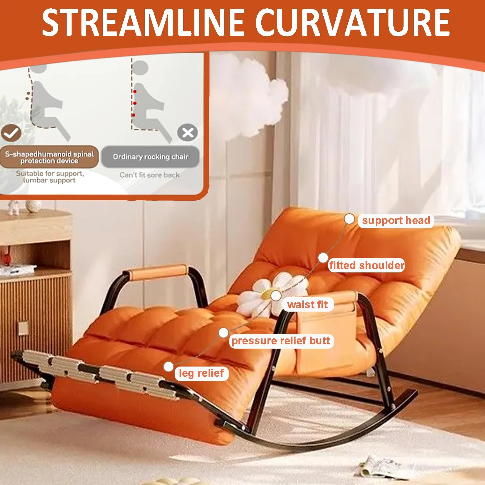 Rocking Chair, Dossier et Pied réglable, Tissu Résistant aux Griffes, Cadre en Acier Carbone, pour Intérieur et Extérieur, Gris & Orange, 93x111x50 cm, Charge Maximale 250 kg(Color:Gris)