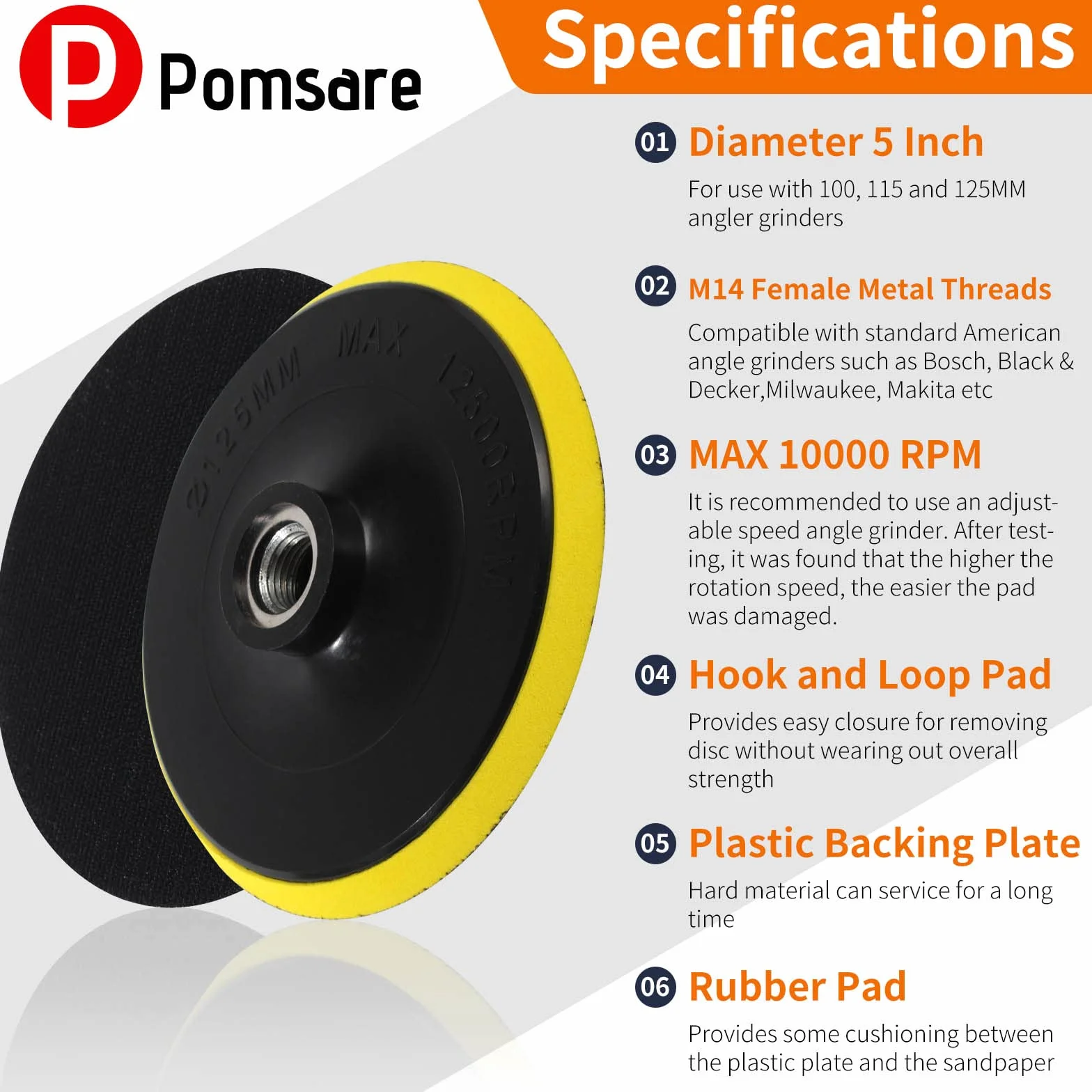 Pomsare Disques Plateau de Ponçage 125mm M14 50 Pièces Abrasifs Meuleuse d'angle Grain 10x 40/60/80/120/180 Poncer Polir Dérouiller
