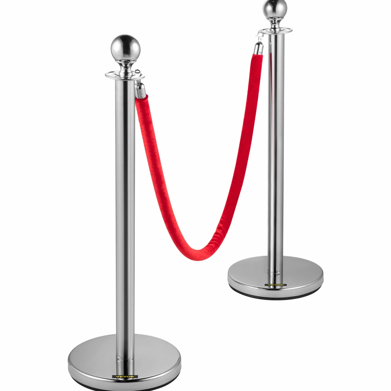 VEVOR 4 Poteaux de Guidage Séparation Argenté avec Cordes Velours Rouges 1,5 m, Barrière de Queue Hauteur 96 cm