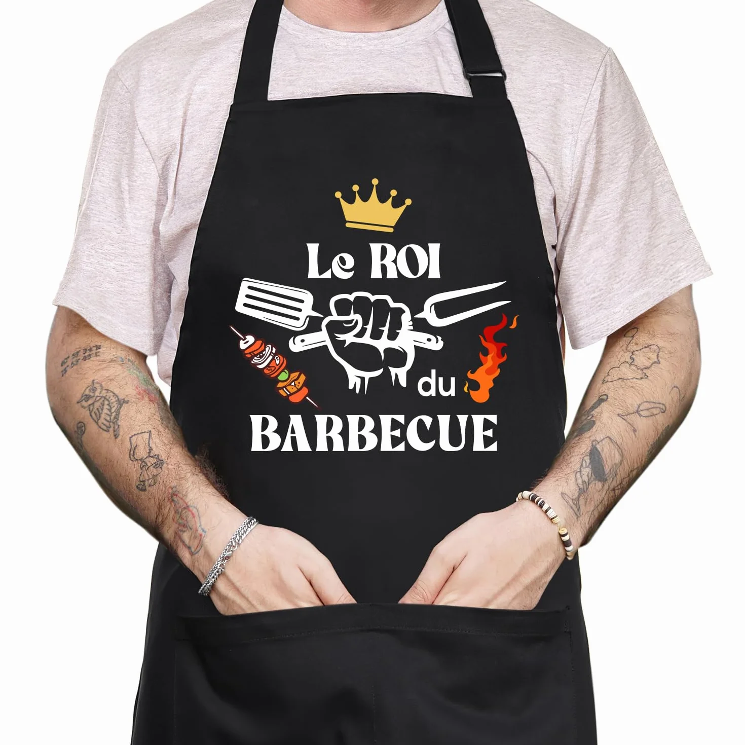 Tablier Cuisine Homme Personnalisé, Réglable Tablier Professionnel Humour Rigolo Drole Barbecue Bbq Noir, Tablier de Cuisine Coton Cadeau Fete Des Peres Saint Papa Valentin Noel