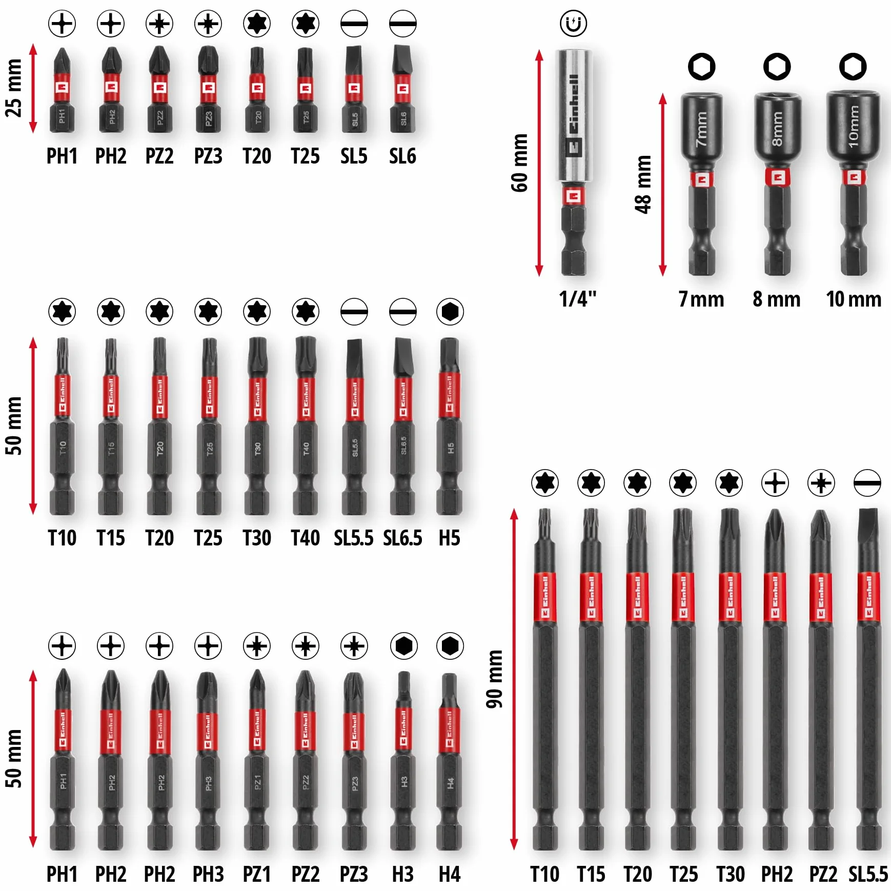 Einhell M-CASE 38 pièces impact-Bit Set 25 mm 50 mm 90 mm douilles 6 pans porte-embout 60 mm boîte rangement