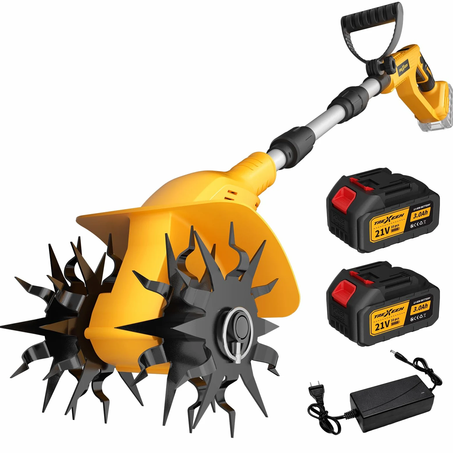 Motobineuse Électrique sans Fil, TREXEEN Bineuse Électrique sans Fil Puissant avec 2 x 3,0 Ah Batteries, 360 TR/Min, Largeur de Travail 20 cm, Profondeur 16 cm, pour Pelouse Jardin Travaux du Sol