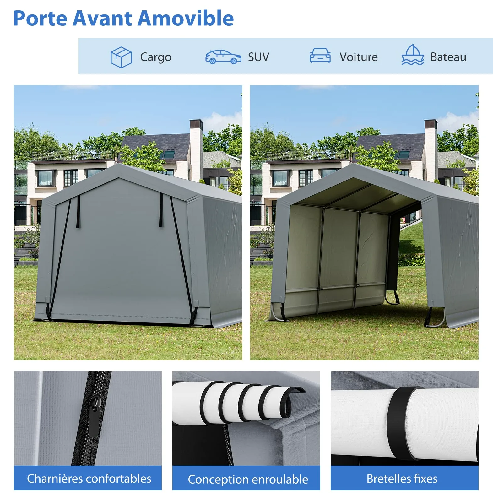 COSTWAY Tente Garage Carport Portable en Acier 290 x 490 cm, Abri Voiture Étanche Grand Auvent avec Portes, Poutres Triangulaires, Toutes Saisons pour SUV, Bateau, Cargaison