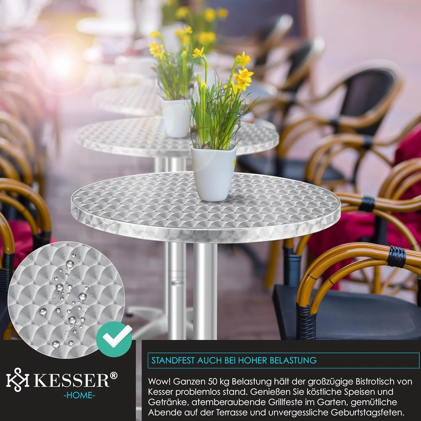 KESSER Table de bistrot 2 en 1 aluminium acier inoxydable hauteur réglable 70/115 cm ronde intérieur extérieur housse incluse argenté