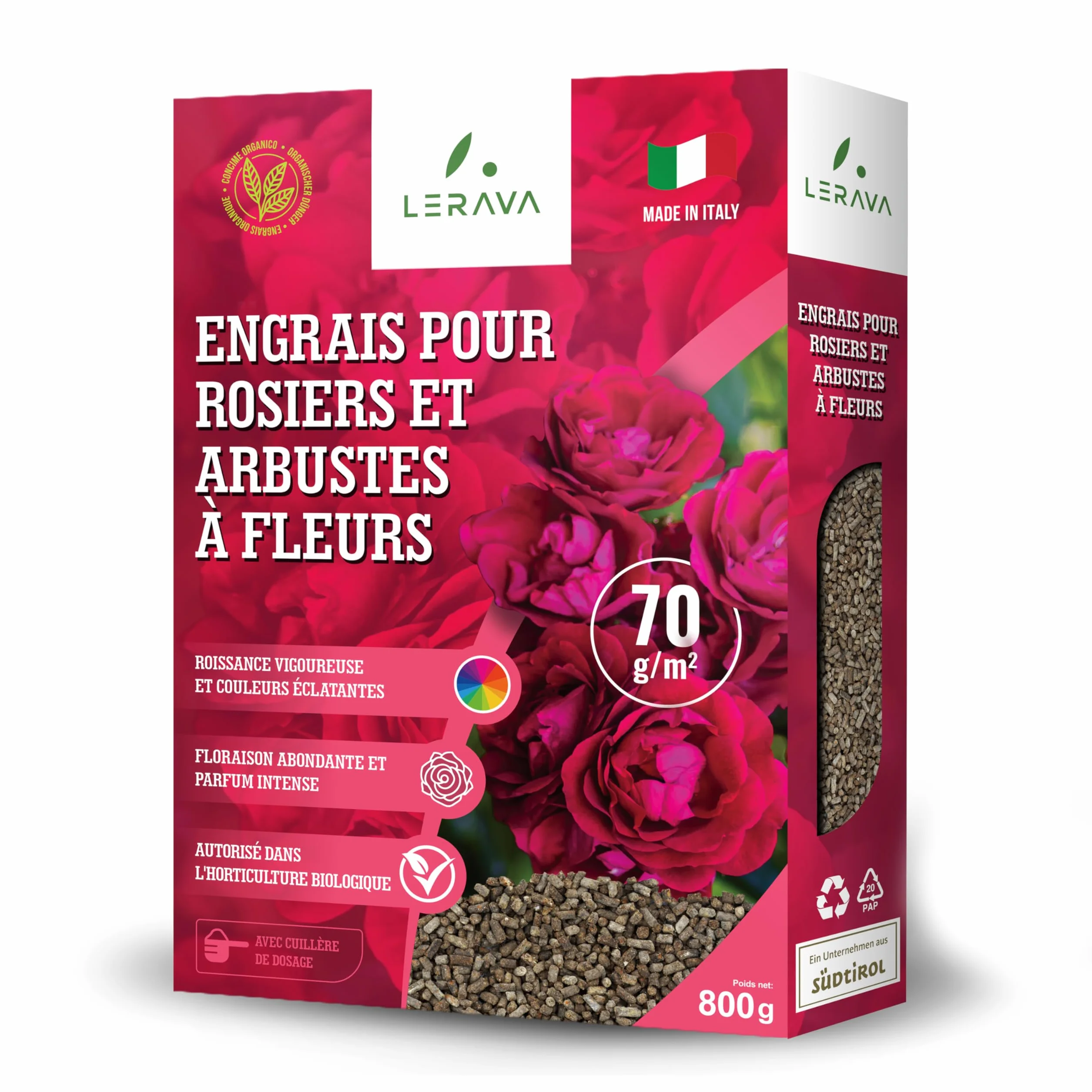 LERAVA® Engrais Rosier et Arbustes à Fleurs (800 g) - Engrais Bio Naturel - Favorise Croissance Vigoureuse et Couleurs Éclatantes - Engrais Rosier Extérieur et Plantes Fleuries - 100% Made in Italy