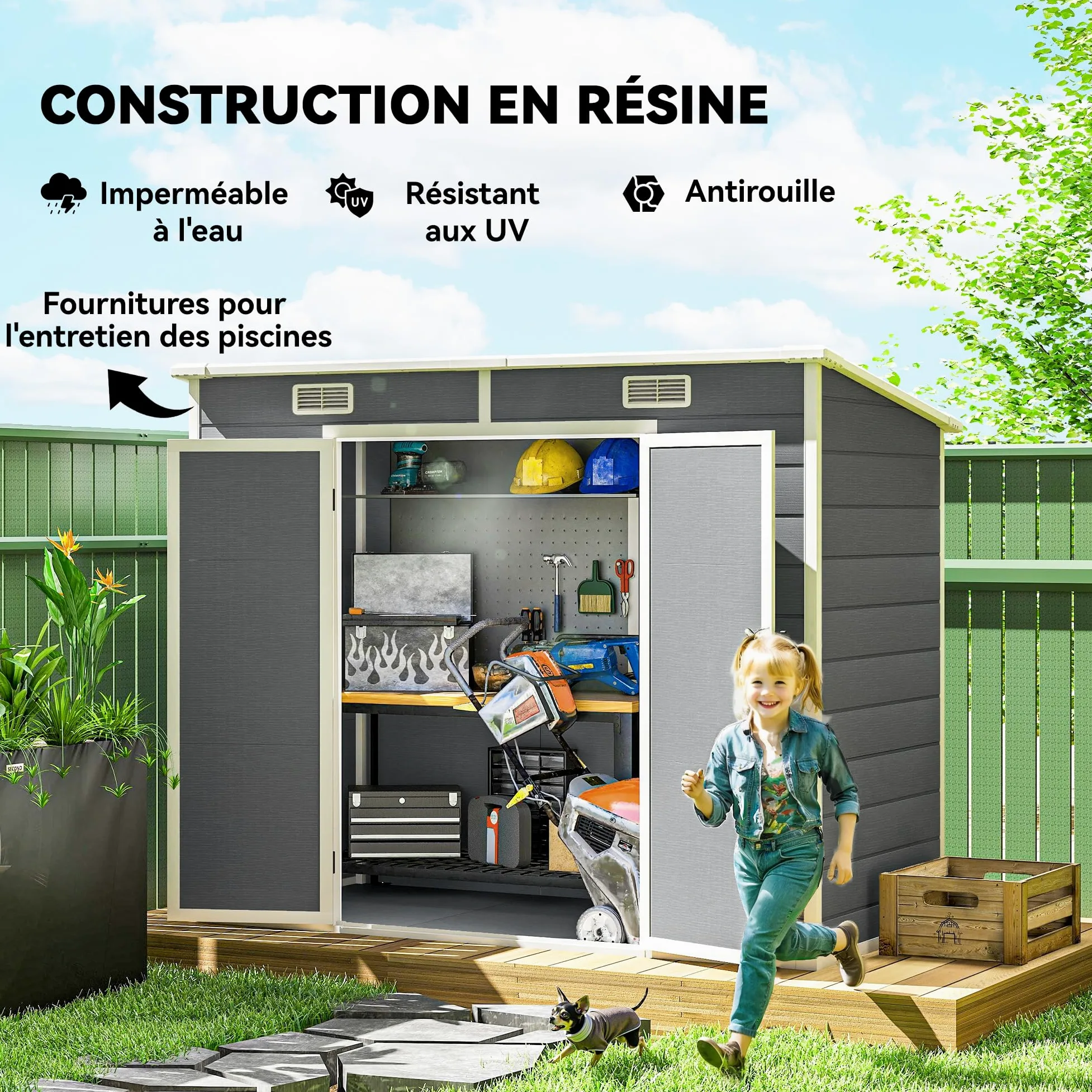Outsunny Abri de Jardin 2,54 m² cabane de Jardin extérieur 2,4 x 1,3 m cabanon Rangement Outils avec Fondation, fenêtre, Portes verrouillables et 2 aérations, abri à Outils en Aluminium et PP, Gris
