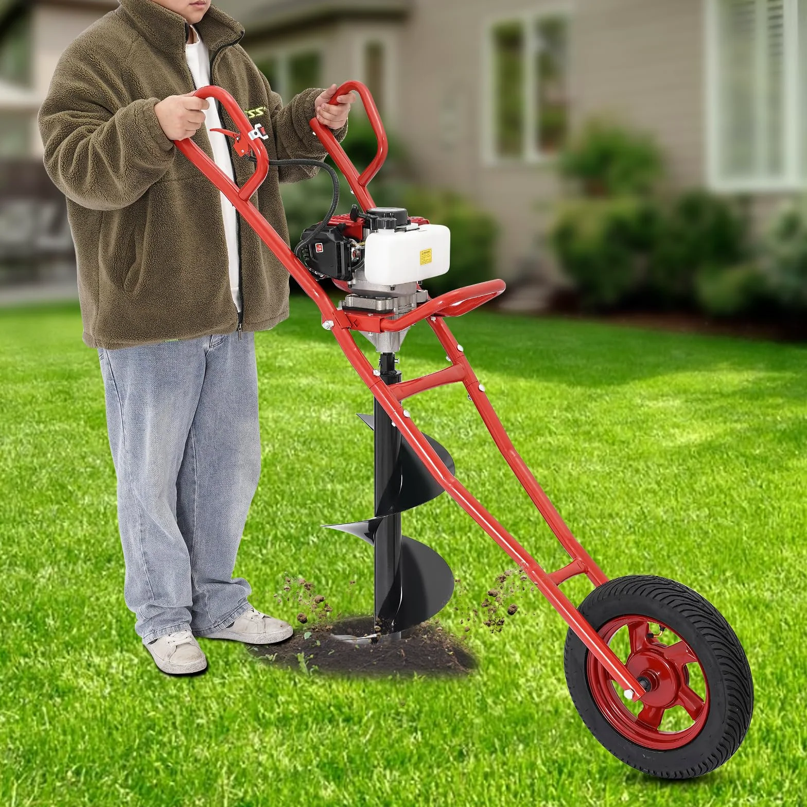 Tarière à 2 temps 52 CC pour perceuse à 1 roue, 1460 W, 8800 ± 300 tr/min, tarière pour creuser, poteaux de boîte aux lettres, installation de clôtures et terrasses.