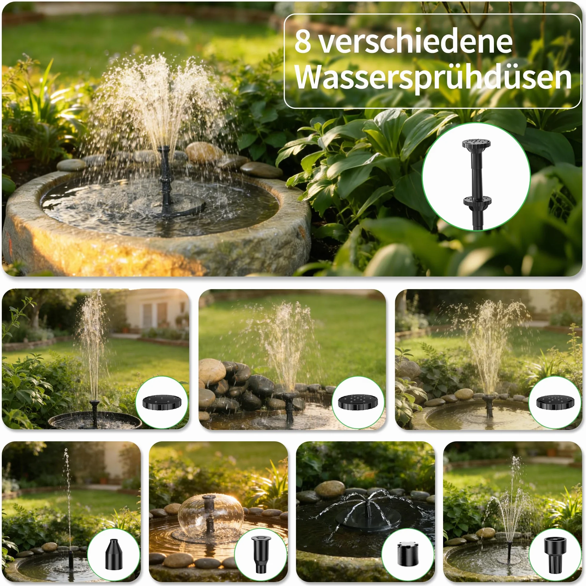 Fontaine solaire 8W extérieur pompe bassin 8 modes pulvérisation eau tuyau 1,5m protection anti-faible débit