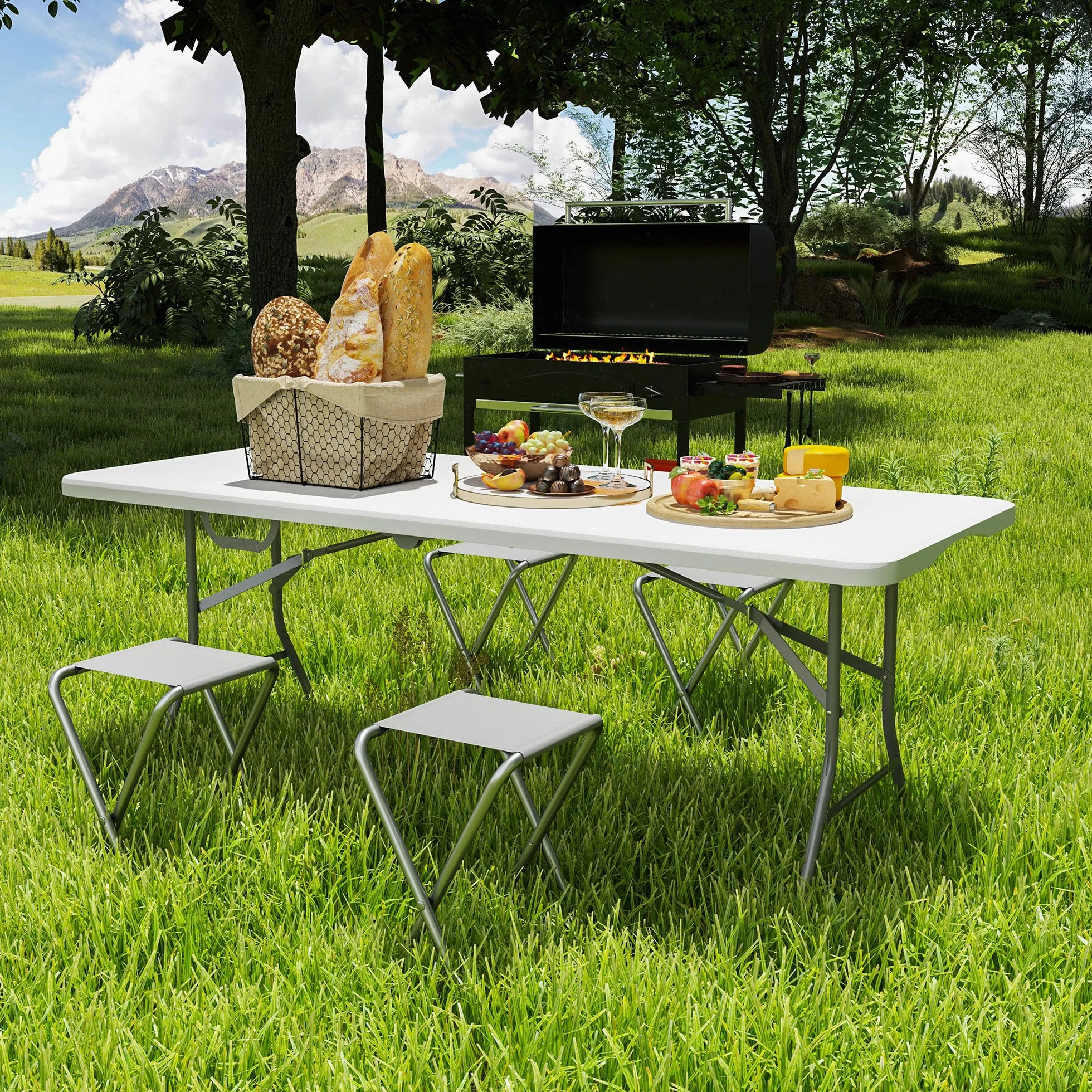 Outsunny Table Pliante HDPE 180x74x74 cm Camping Extérieur Blanc