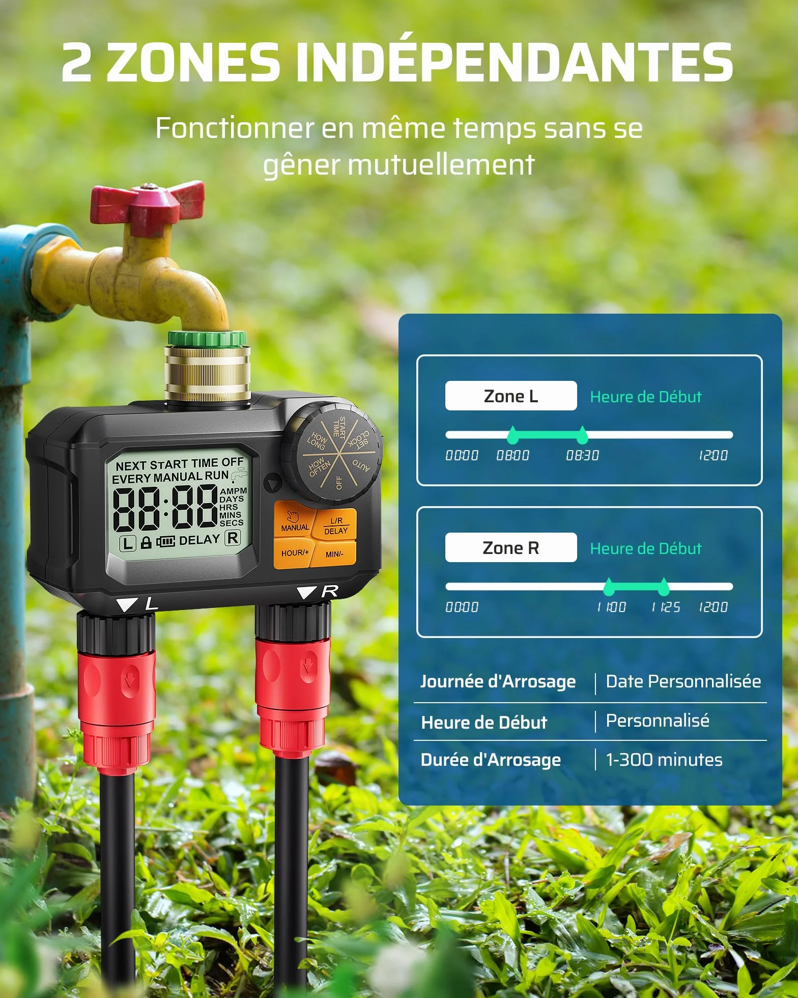 DEWENWILS Programmateur Arrosage 2 Voies, Écran LED 2,8", Entrée Laiton, IP55 Étanche