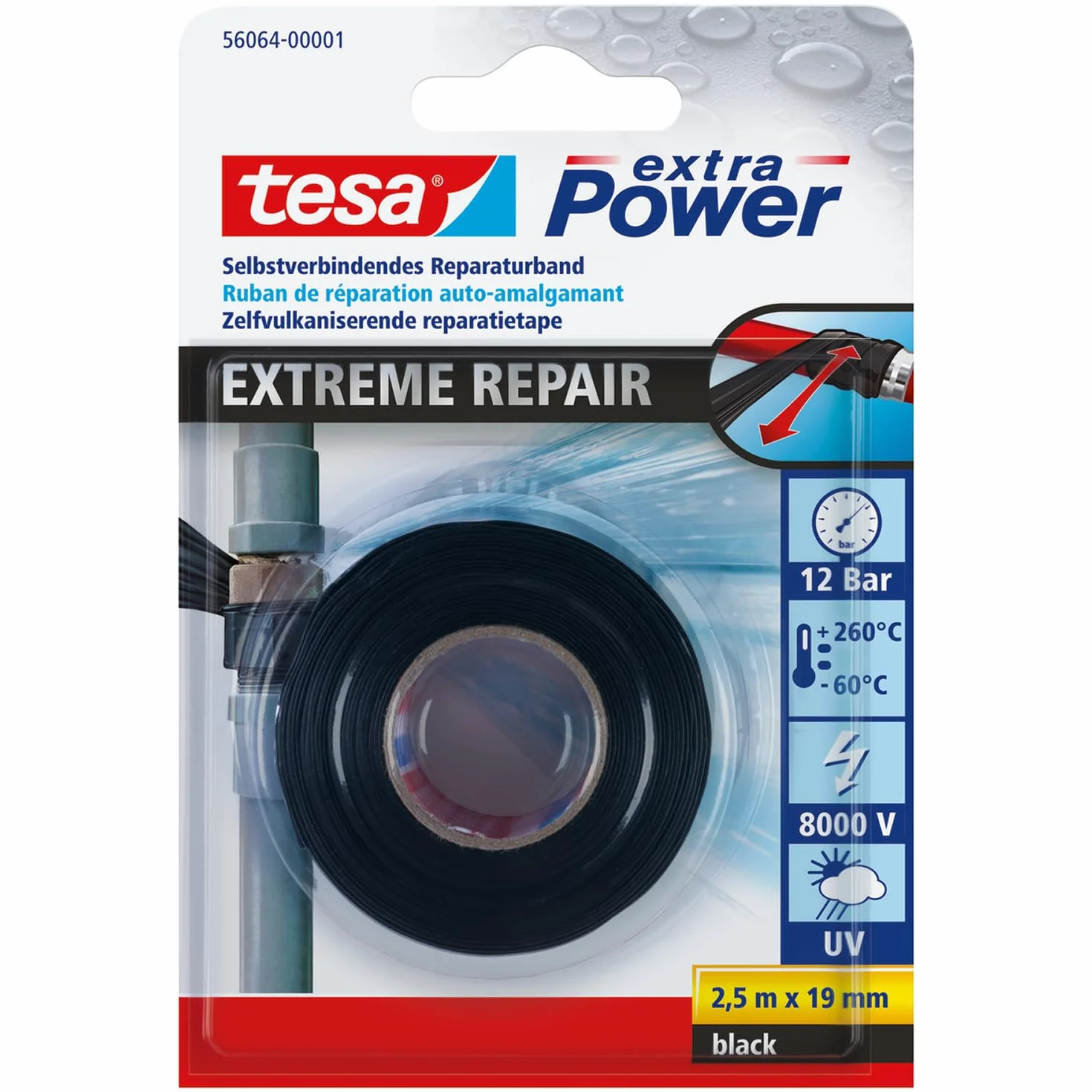tesa extra Power Extreme Repair Ruban de Réparation Auto Amalgamant pour Tuyaux et Câbles – Silicone Résistant Noir
