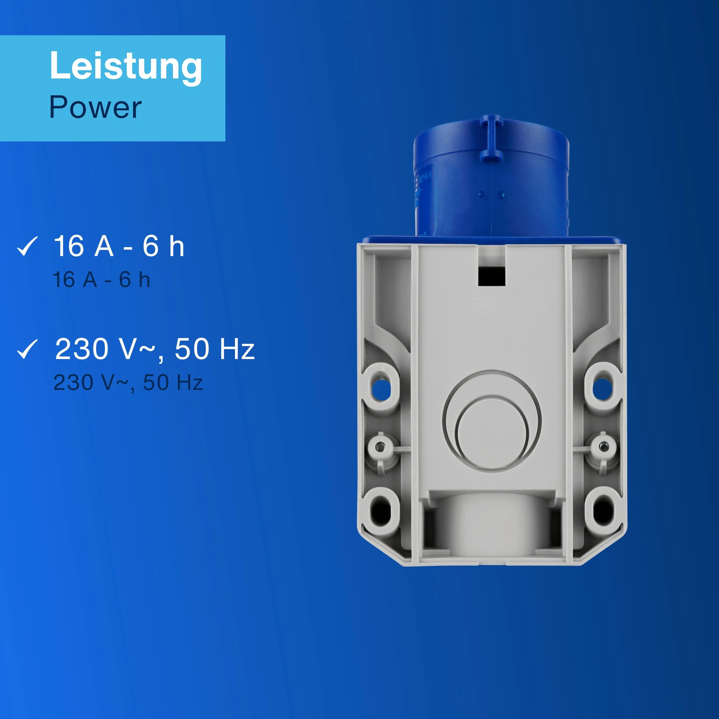Prise murale CEE 230 V 3 pôles 1Ph+N+PE IP44 bleu