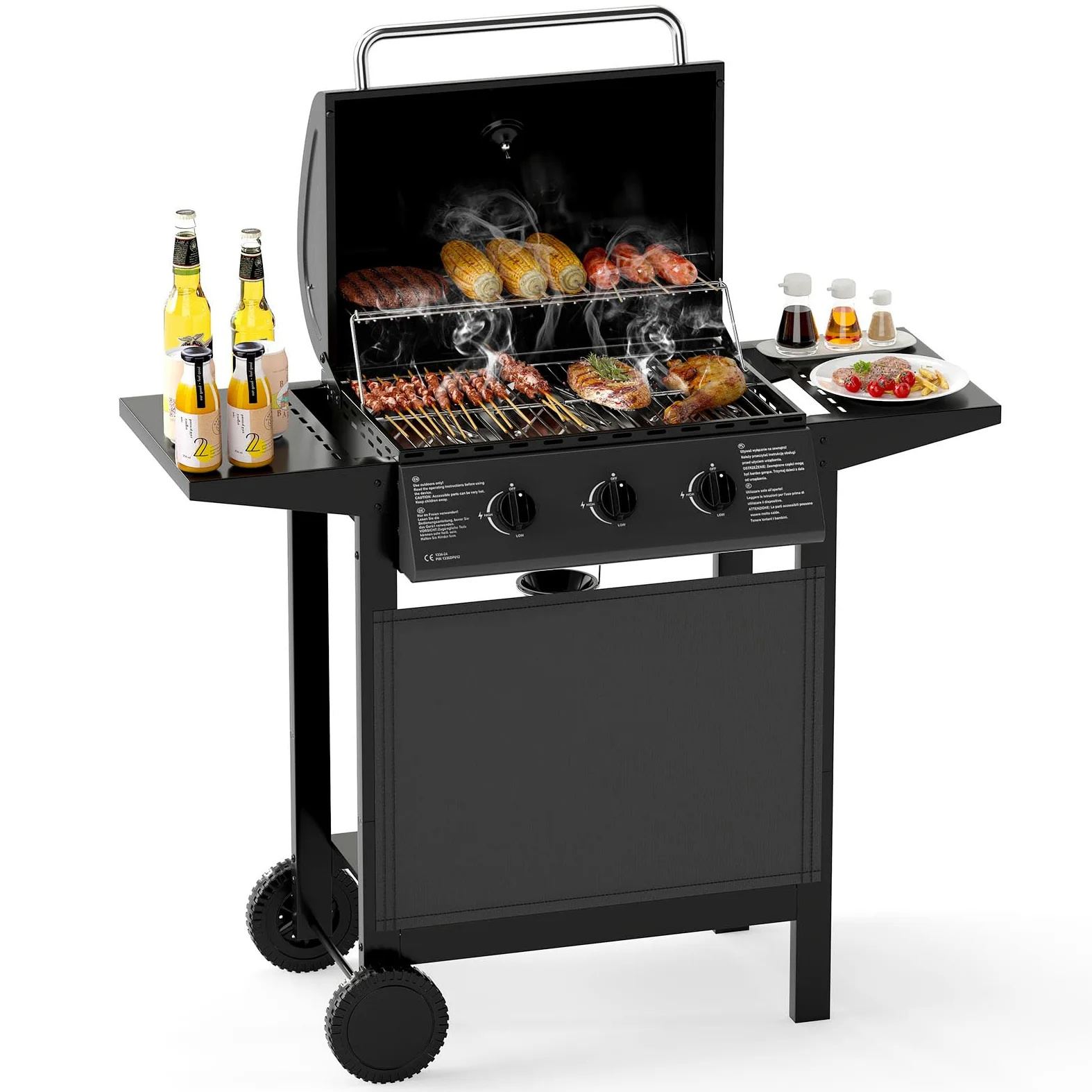 COSTWAY Barbecue Gaz Propane 3 Brûleurs, 24,000 BTU Gril à Gaz Extérieur avec Grilles en Acier Inoxydable Thermomètre 2 Tables Latérales, Chariot à Barbecue sur Roulettes pour Camping Jardin