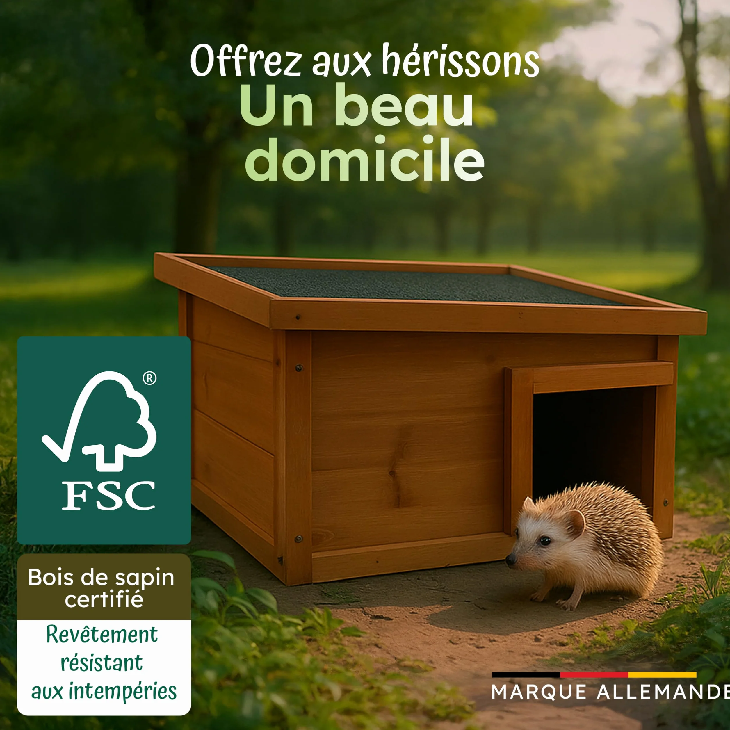 Moorland Cabane pour Hérissons en Bois FSC 40×34 cm – Maison Herisson Extérieur avec Toit Étanche & Amovible, Entrée Labyrinthe Ventilée – Modèle IH1