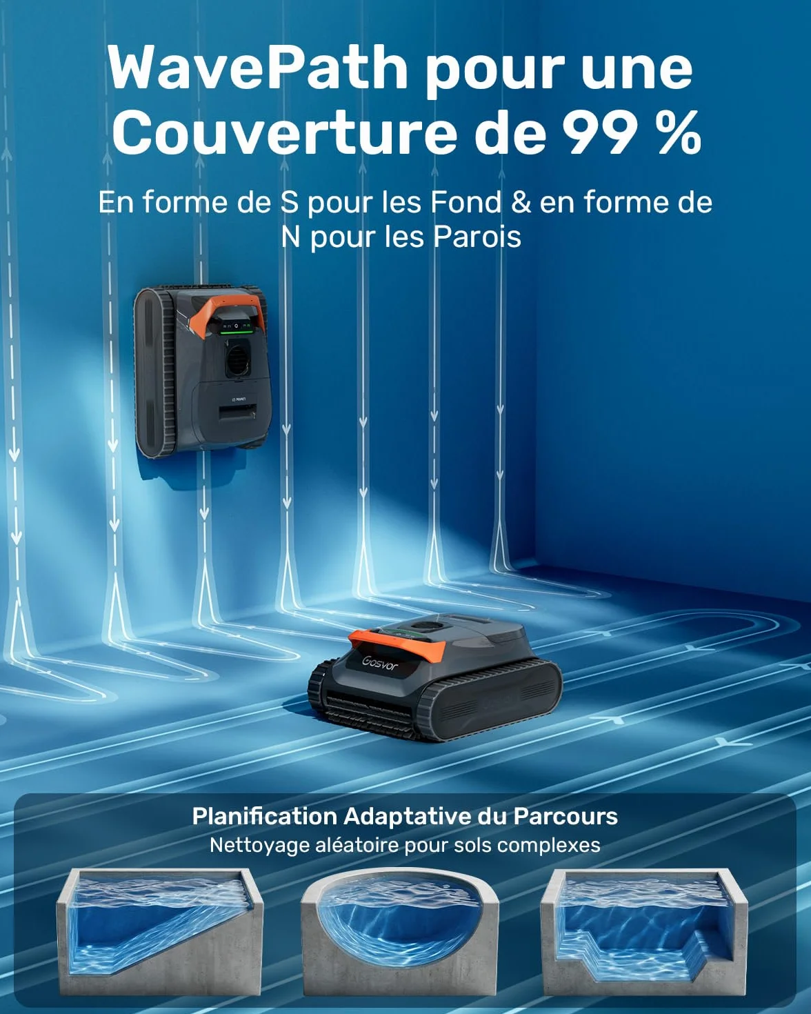 Gosvor LiteVac G1 Robot Piscine Sans Fil Fond et Parois, Navigation WavePath, Filtration 3 μm, 4-en-1, Aspiration 15 000 L/h, Contrôle App, jusqu'à 200 m²