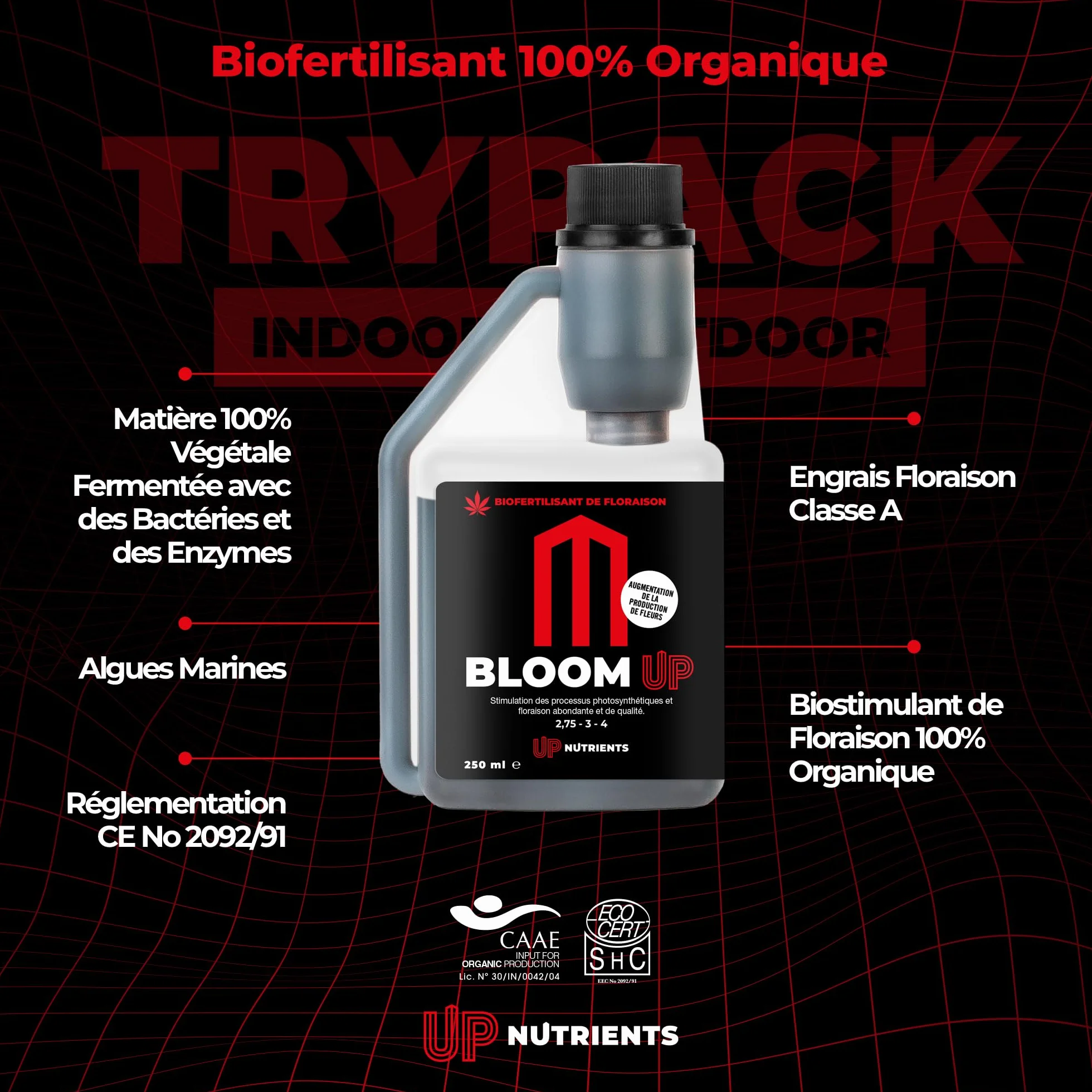 UP NUTRIENTS Trypack Engrais Grow, Bloom & Boost 250 ml | Engrais 100% biologique pour culture en intérieur & extérieur | Enracinement, Croissance et Floraison | Stimulant fleurs et plantes (250 ML)