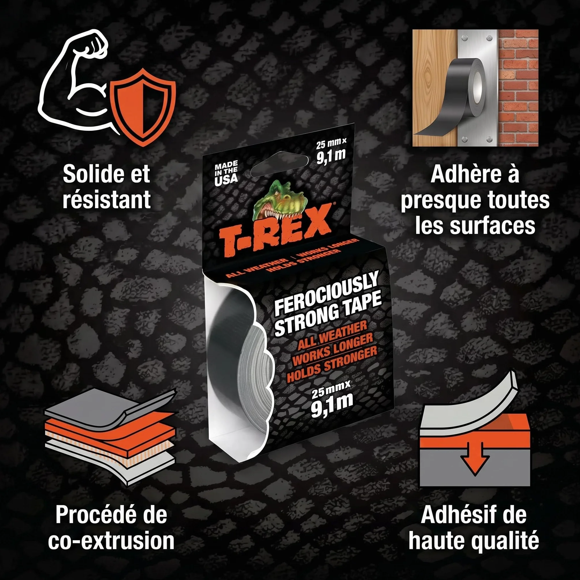 Ruban adhésif T-Rex Tape 821-25 imperméable indéchirable 25mm x 9,1m gris